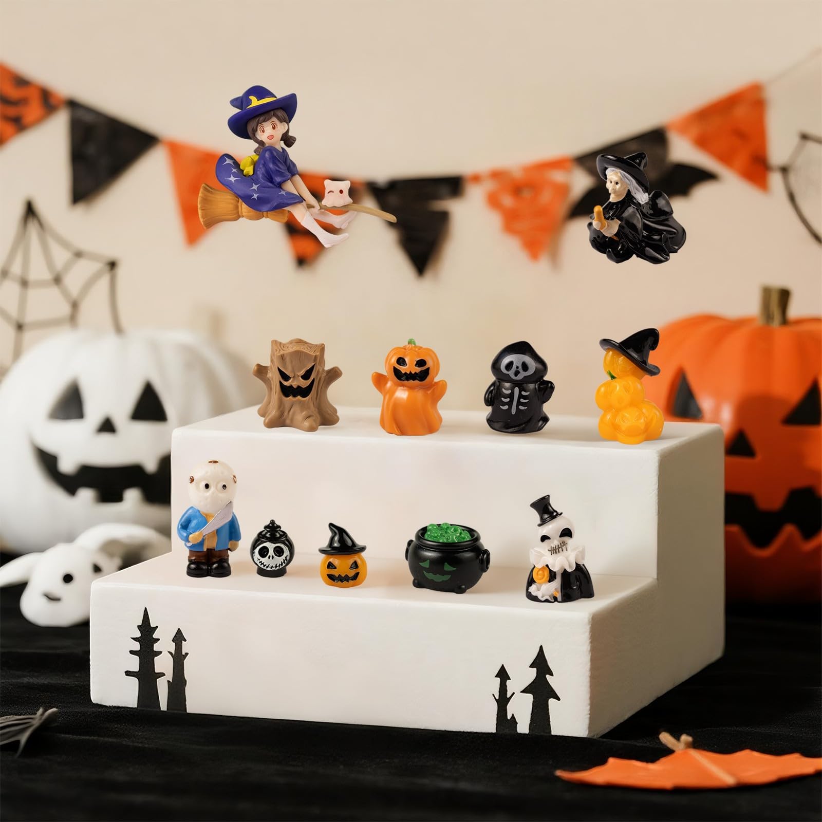 Mini Halloween Miniaturen Deko, 20er Kleine Halloween Hexe Geist Ornamente Deko, Kleine Harzfiguren zum Verstecken Kleines Kürbis für DIY Potting Micro Landschaft Aquarium Dekoration (D)