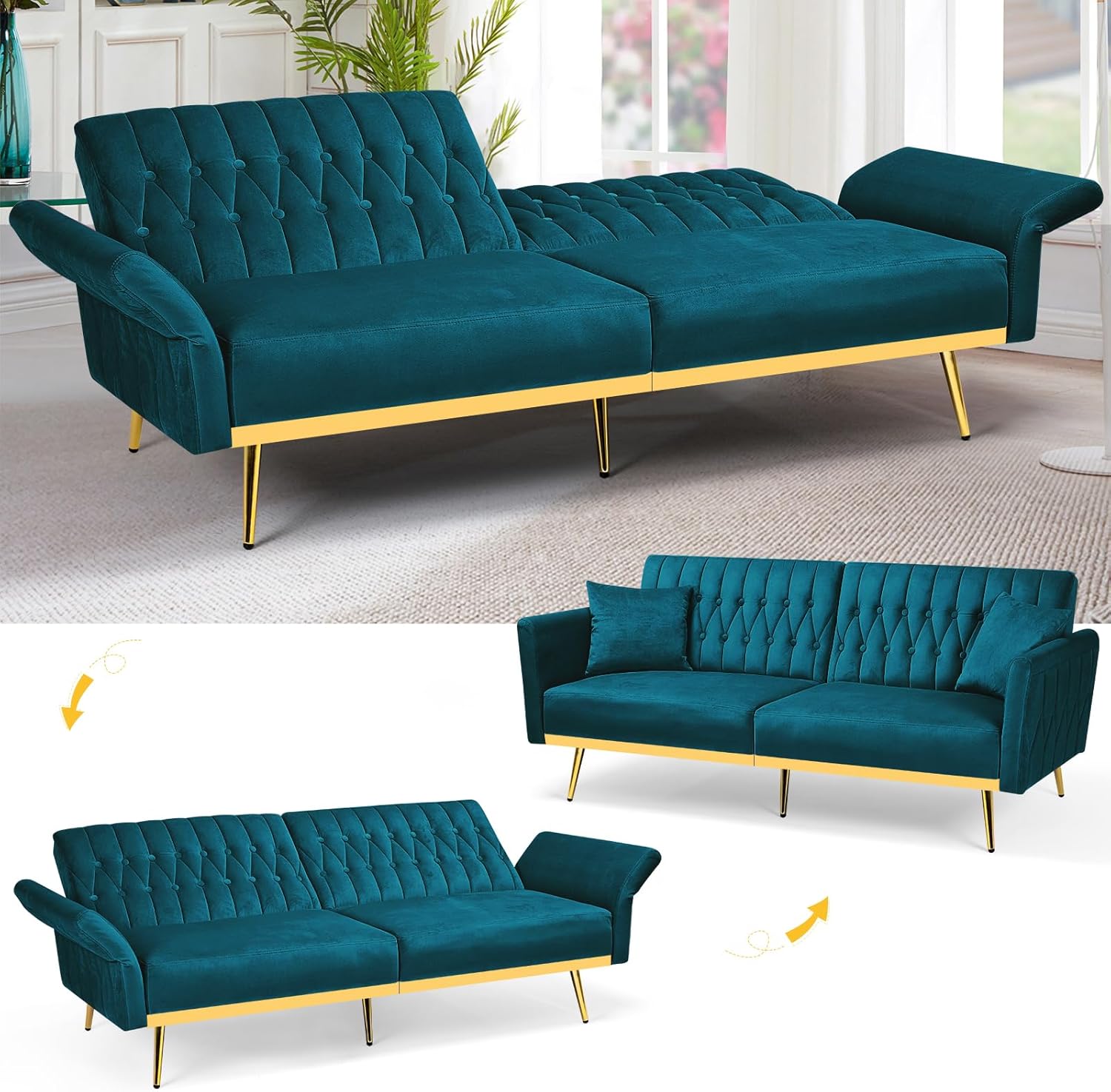 2 Pieces Velvet Sofa Set with Adjustable Armrest and Backrest, 70” Convertible Futon Sofa Bed & Mordern Accent Chair with Ottoman for Living Room, Bedroom, Teal