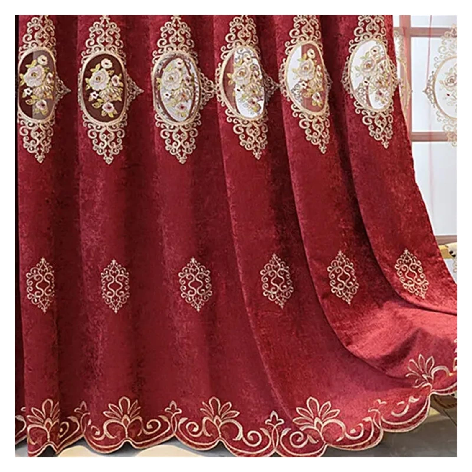 DHYUACN Living Room Curtains Red Blackout Curtain Golden Embroidery Hollow Flower Drapes Sheer Tulle For Villa Living Room Office Home Decor(Color 1,Grommet Top(Ring),W200CM X H260CM)