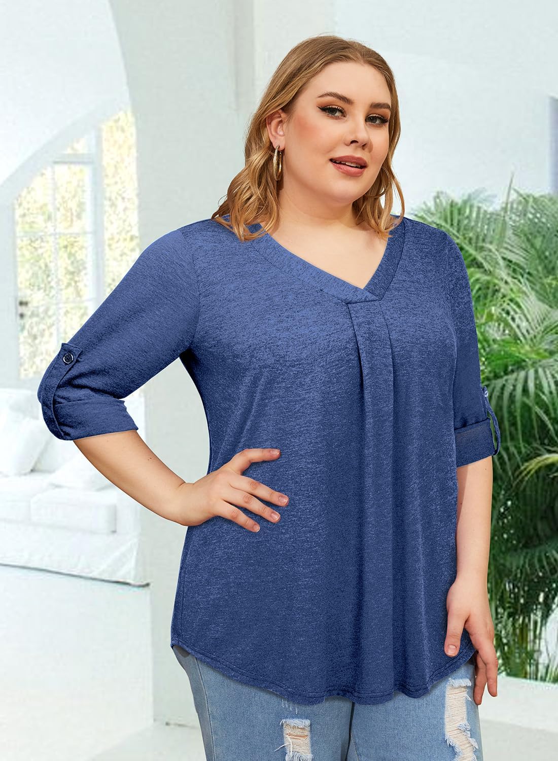 Siddhe Women's Plus Size Summer Tops 3/4 Sleeve Blouses Tunic Tops V Neck Casual Shirts 2024 Work Shirts for Plus Women Business Navy Blue XL - Image 4