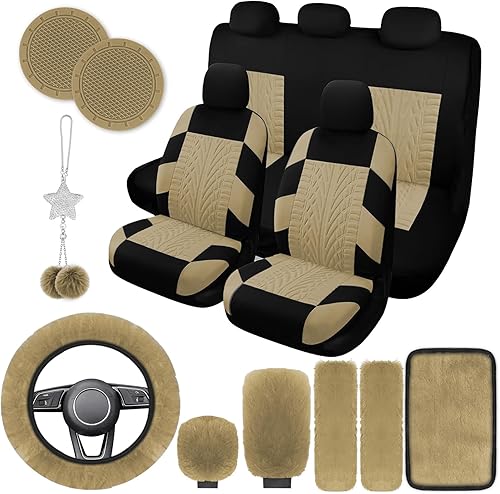 Juego completo de 17 fundas de asiento de automóvil para mujer, funda universal para asiento de automóvil, funda de volante de felpa, engranaje de