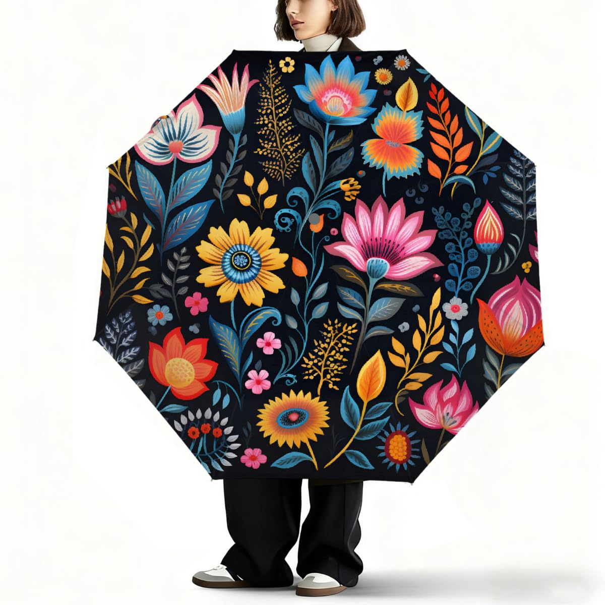 Ombrello pieghevole etnico colorato con motivo floreale ombrello da viaggio compatto antivento impermeabile con protezione UV rivestimento nero leggero 8 coste portatile per pioggia sole