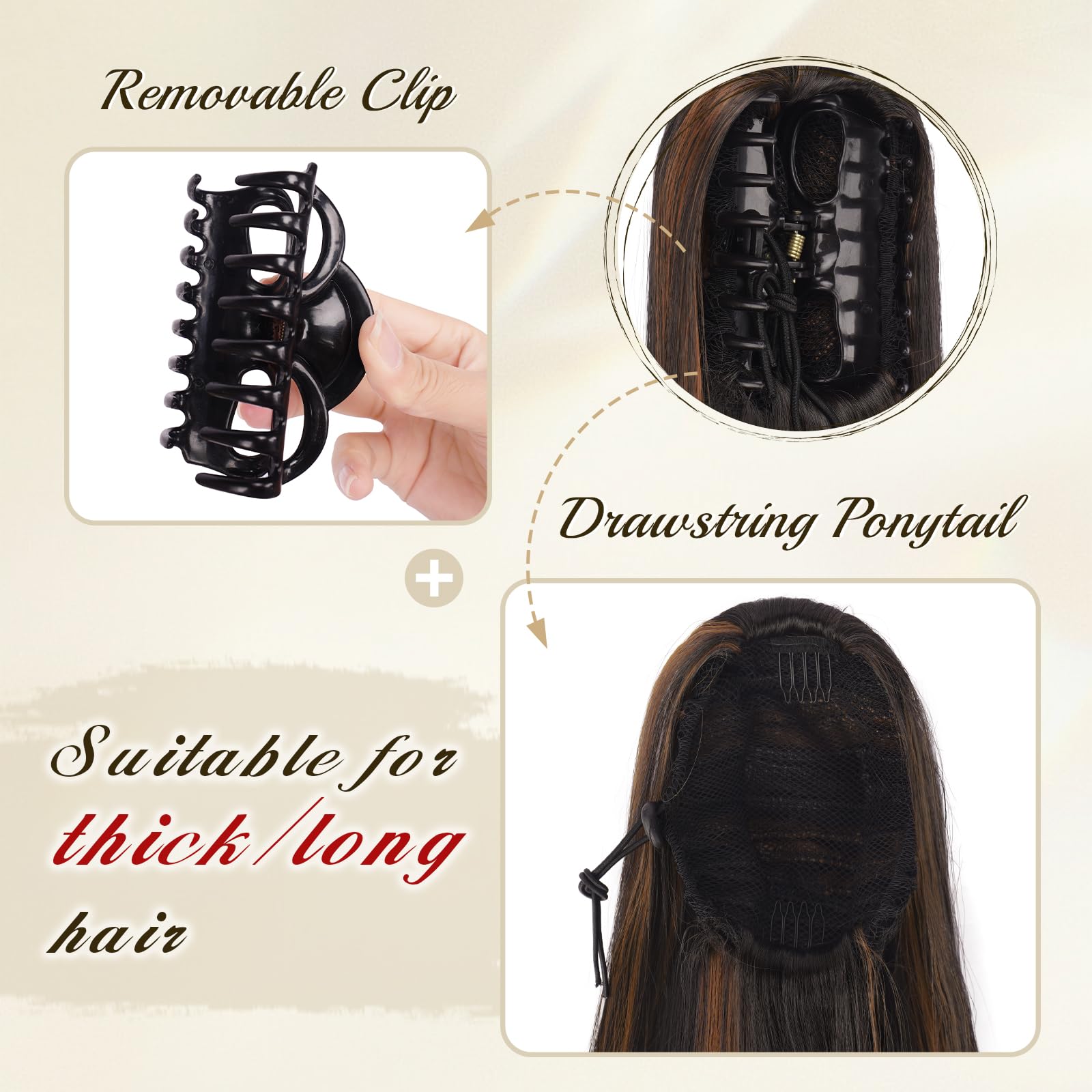 FESHFEN Queue de Cheval Lisse Pince - Postiche Cheveux Naturel Longue Raides Postiches Brun Foncé et Auburn Clair Synthétique Fausse Claw Clip Ponytail Extensions pour Femmes, 63 cm