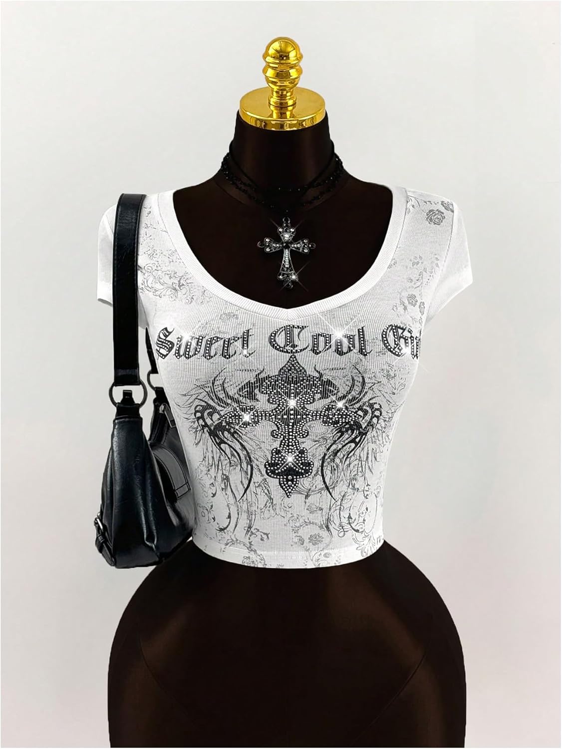 SweatyRocks Women's Goth Vintage Graphic Tees Y2k Cap Sleeve Rhinestone Fitted Crop Tops - Image 2
