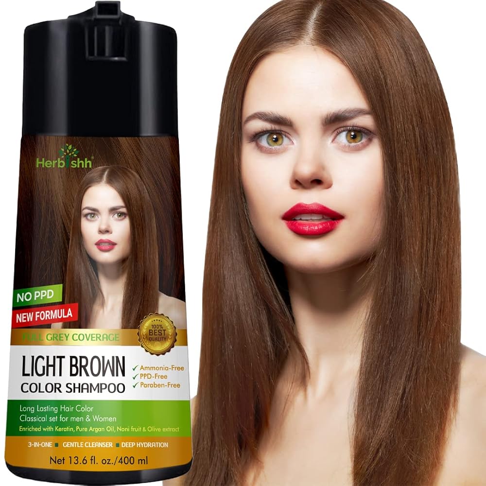 Herbishh Hair Color Shampoo - Enriched Dye Formula for Gray Hair - Long Lasting & DIY (Light Brown)