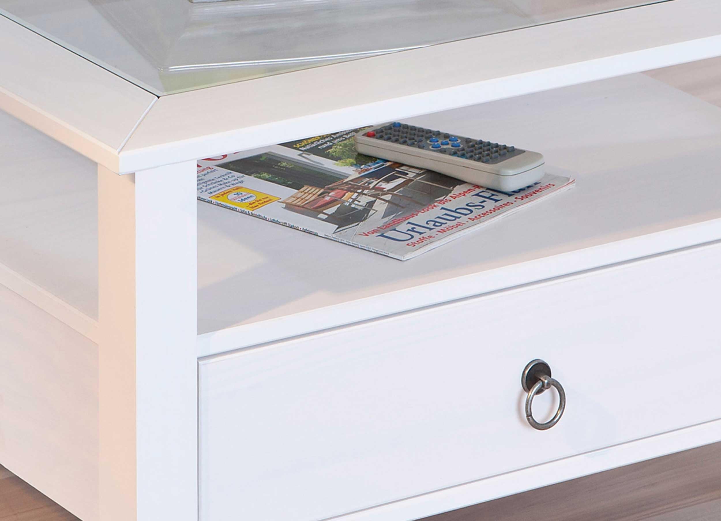 Inter Link - Couchtisch - Massivholztisch - Wohnzimmertisch - Sofatisch - Kiefer Massiv - mit Glasplatte - 1 weiß gebeizte Schubladen - 115 x 60 x 45 cm - Provence 1