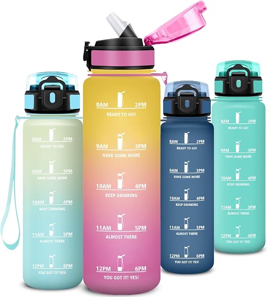 Trinkflasche 1l, Wasserflasche Auslaufsichere, Trinkflasche Sport mit Sichere Verriegelung, Mit Zeitmarkierung und Schnürung, Flasche mit Strohhalm, Water Bottle für Uni, Fitnessstudio, Outdoor - 1
