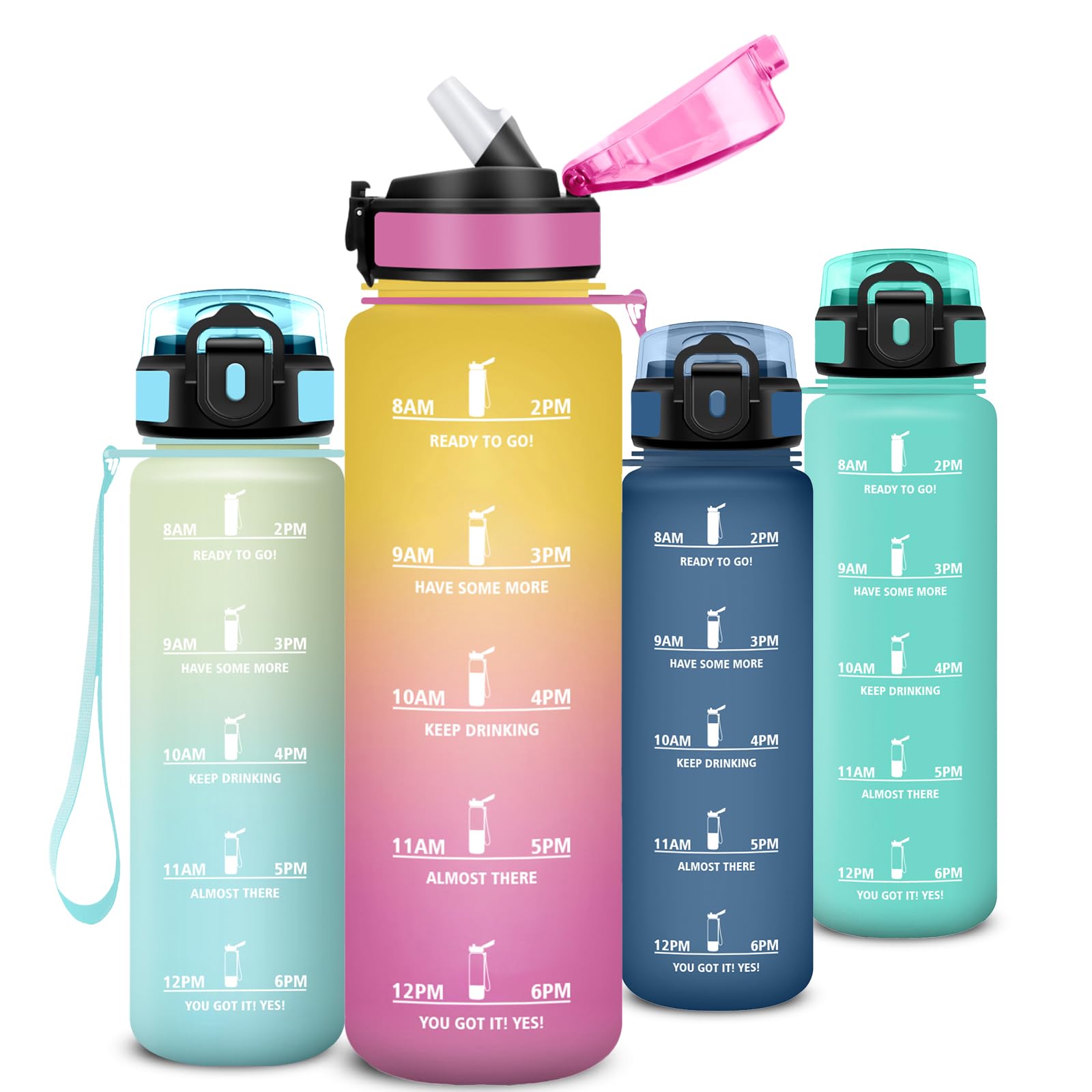 Trinkflasche 1l, Wasserflasche Auslaufsichere, Trinkflasche Sport mit Sichere Verriegelung, Mit Zeitmarkierung und Schnürung, Flasche mit Strohhalm, Water Bottle für Uni, Fitnessstudio, Outdoor - 1