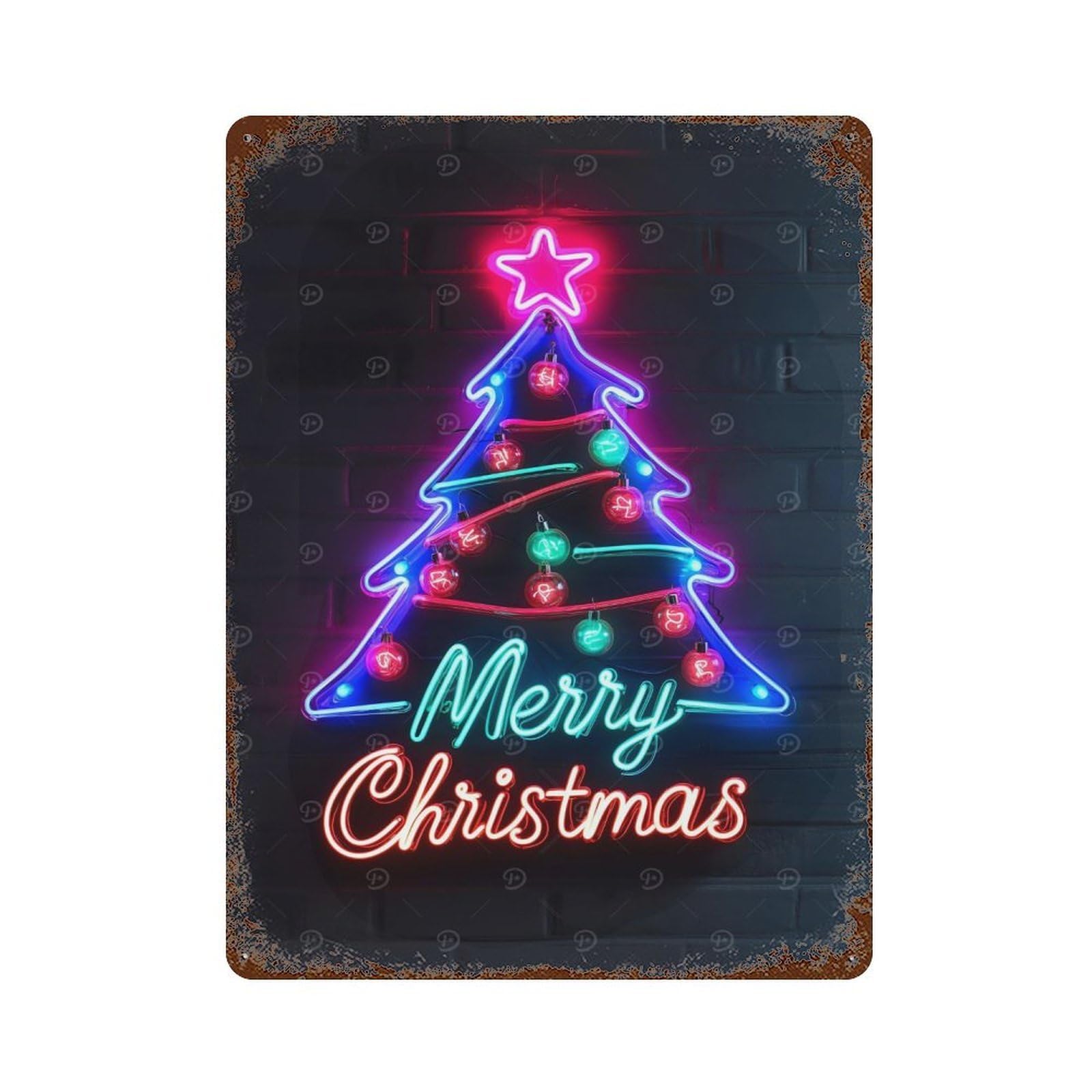 Rusty Metal Tin Sign Neon Christmas Tree 15.7"x11.8", Classic Wall Plaque for Cafe, Home Bar And Lounge Decor