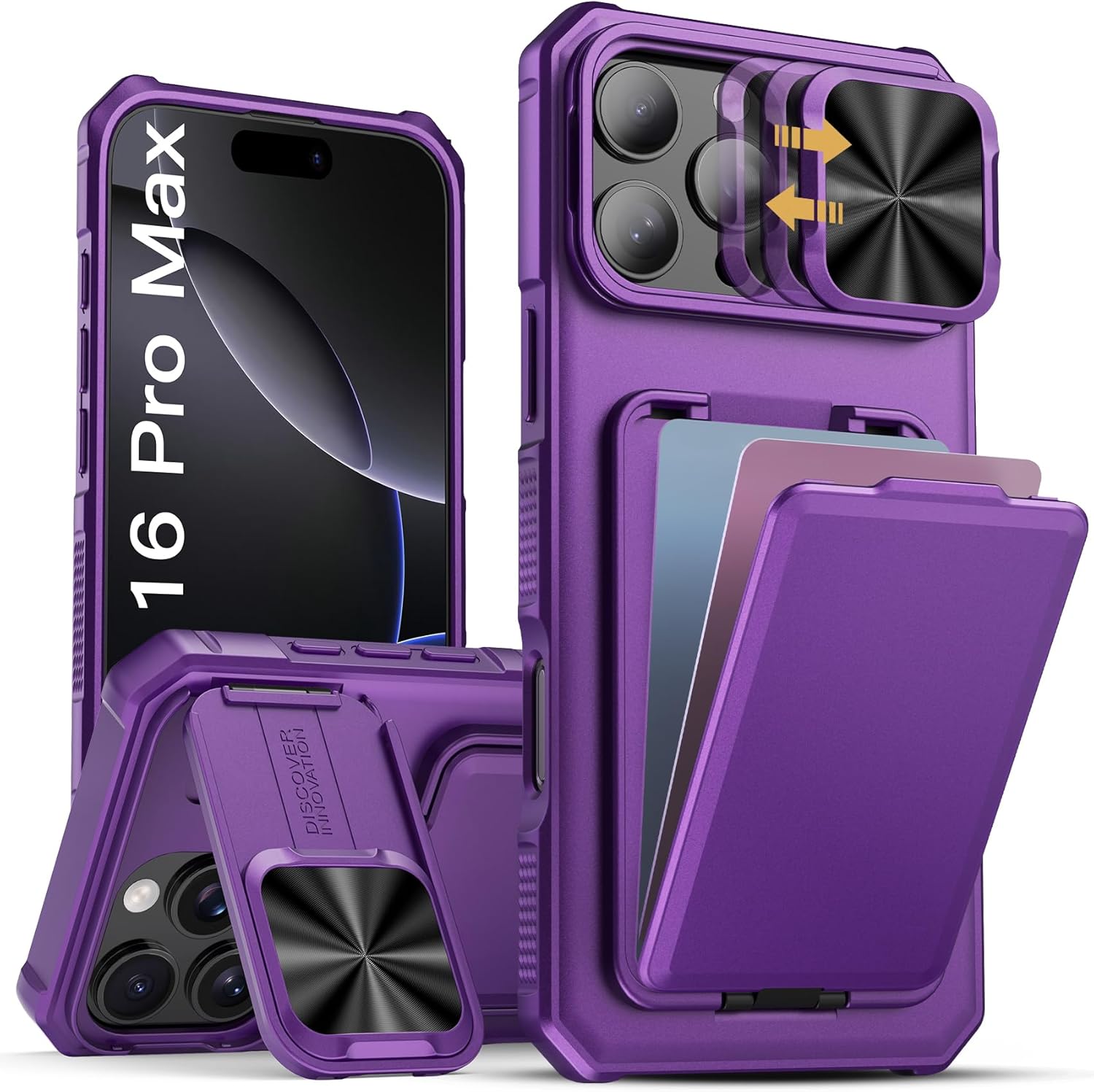 sslotscase for iphone 16 pro max case with card holder & lens cover & hidden kickstand, silicone edge durable protective wallet phone case cover for iphone 16 pro max 6.9'', dark purple purple iphone 16 pro max