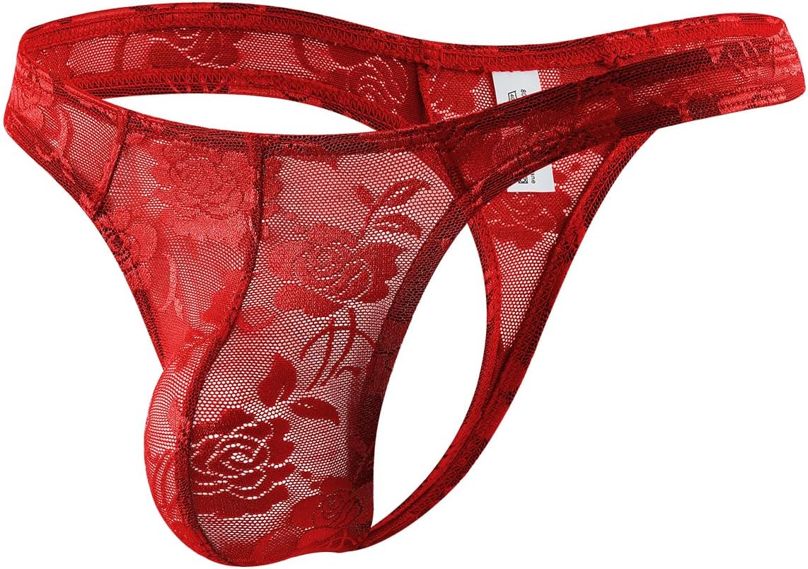 Men's Thongs Sexy Lace Underwear G-String Low Rise See Through Floral Thong Tanga Pants