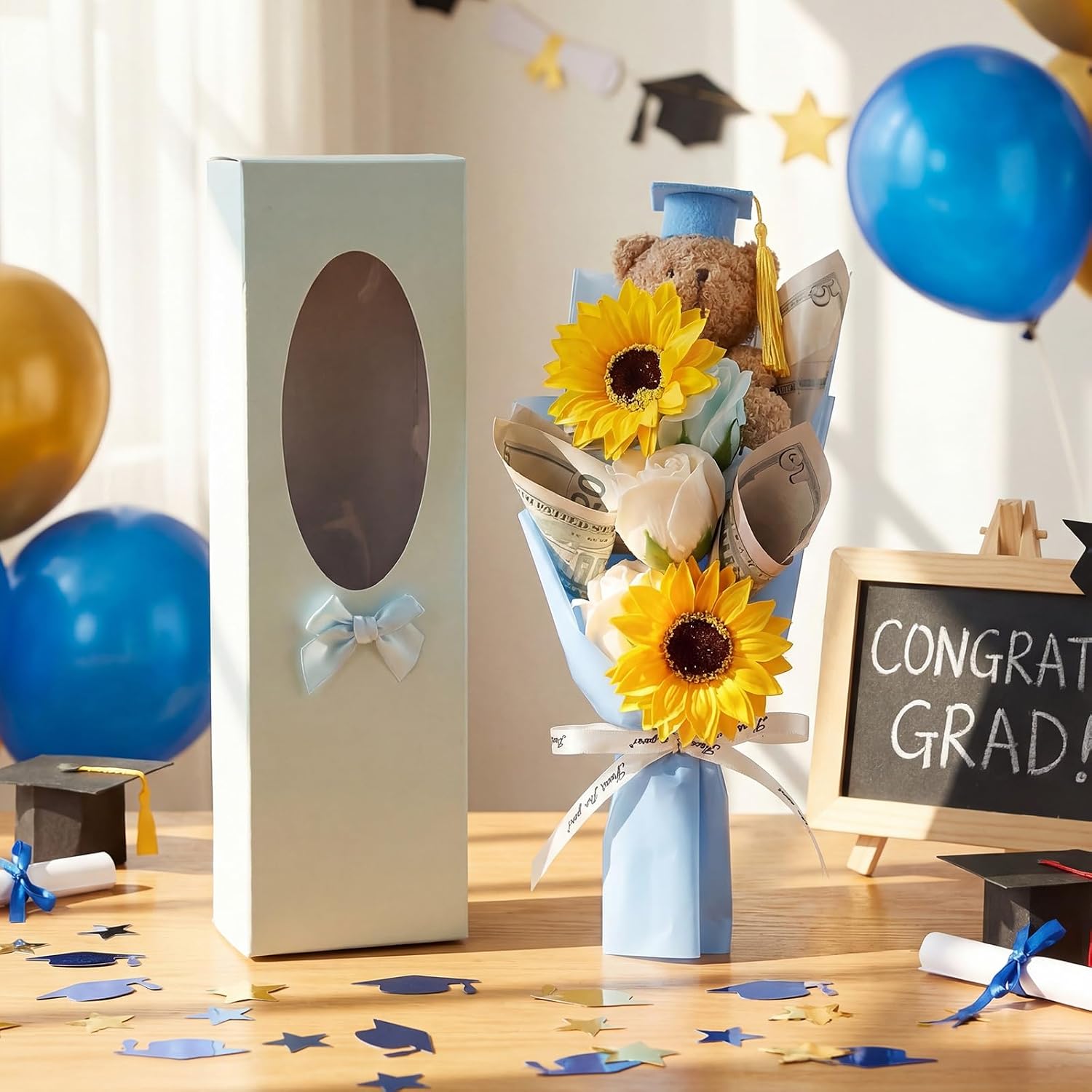 Soulchen 13" 2026 Graduation Bear Bouquet Rose Sunflower Scented Soap Flower Money Bouquet Mini Plush Graduation Bear with Grad Cap Gift Box for Daughter Son Party Favors Supplies(Light Blue) image 4