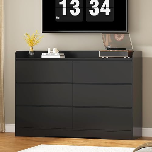 BEWISHOME Cómoda negra para dormitorio, cómoda moderna de madera con 6 cajones, cómoda con diseño superior de valla de espacio abierto para sala de