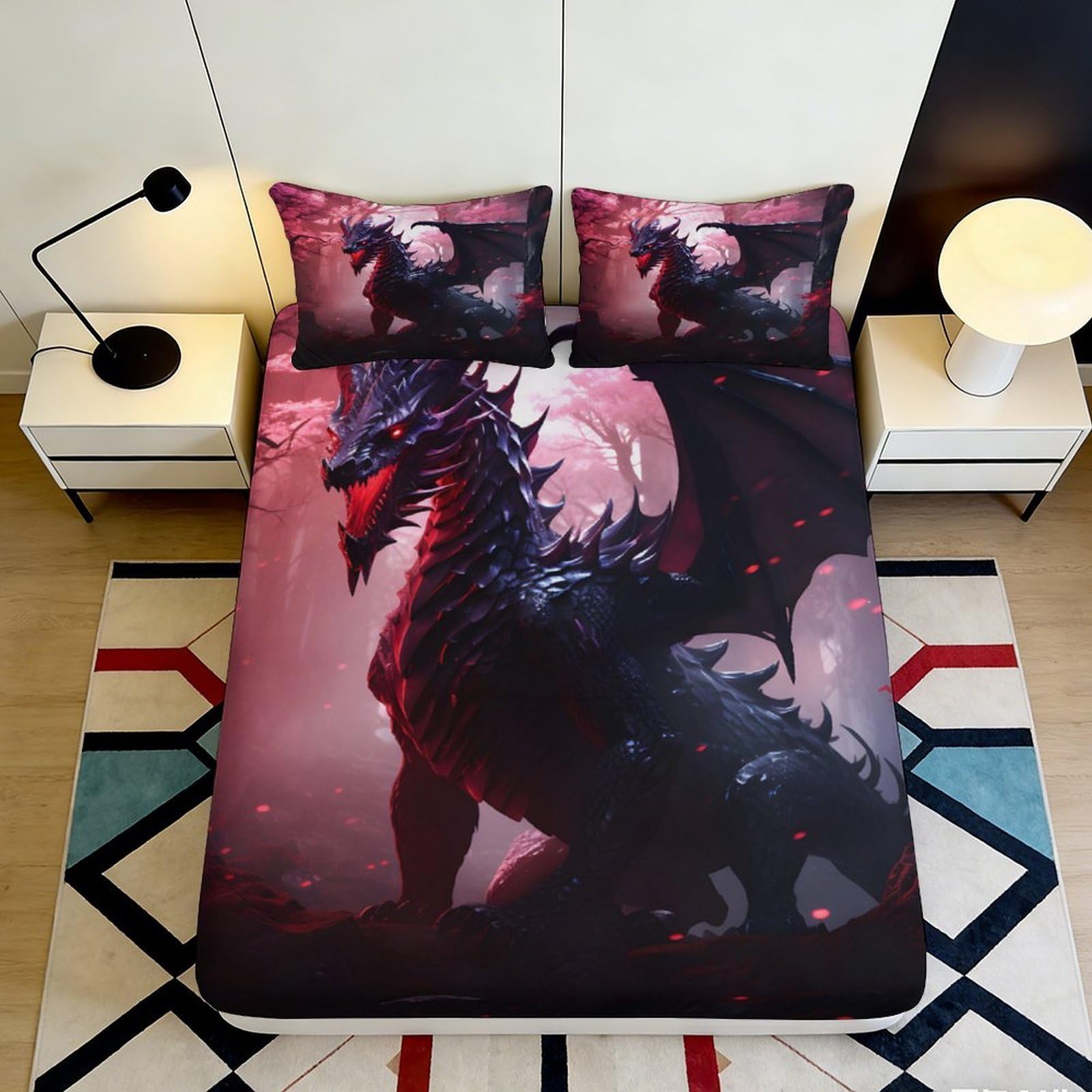 3D Printed Dark Dragon Fitted Sheet Microfiber Soft Breathable Fire Fantasy Mattress Cover for Bedroom Decor 90x200x25cm