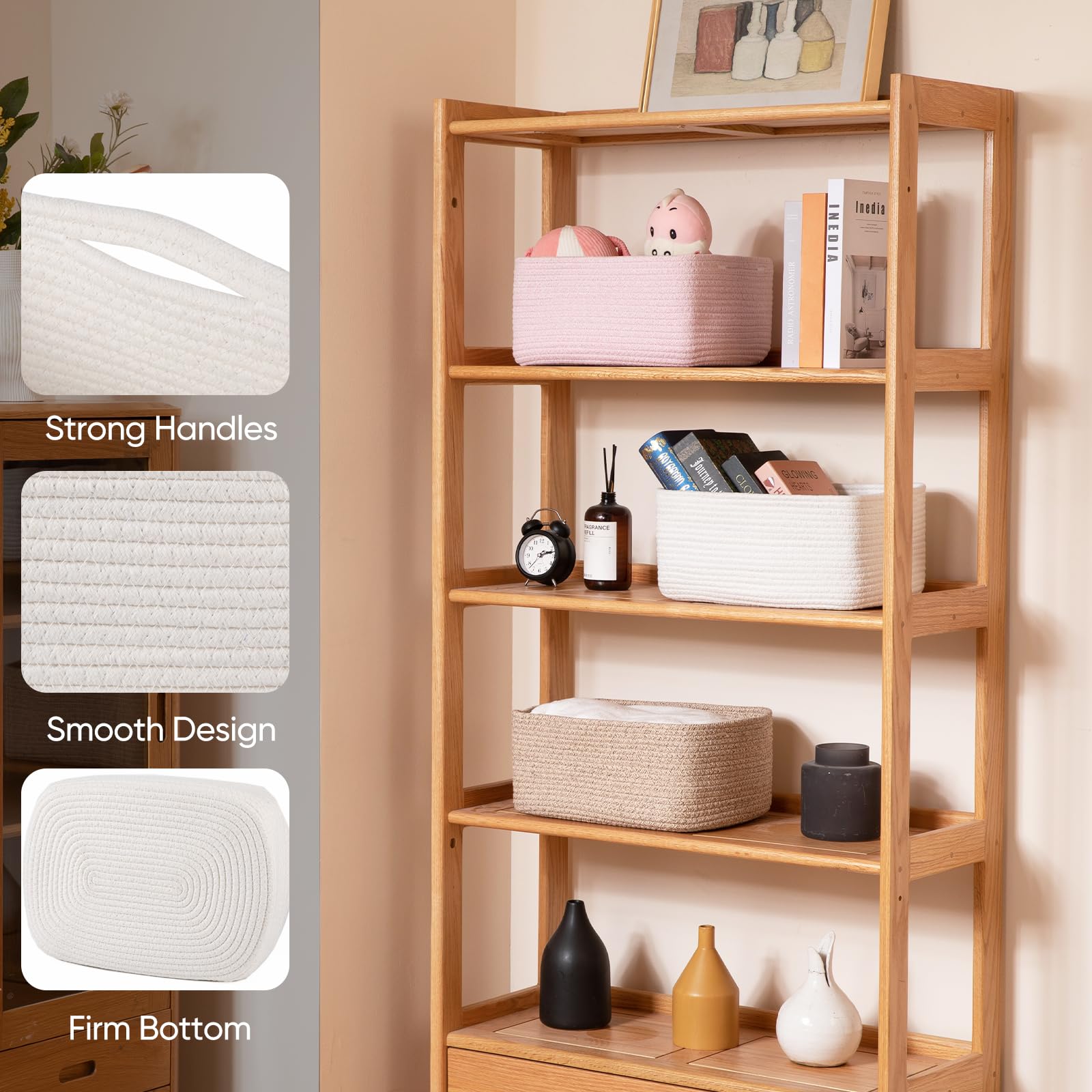 Paquete de 4 cestas de almacenamiento de 14.17 x 11.02 x 6.3 pulgadas para organizar estantes, cestas de cuerda tejida para organizar libros, ropa, cesta decorativa para sala de estar 3
