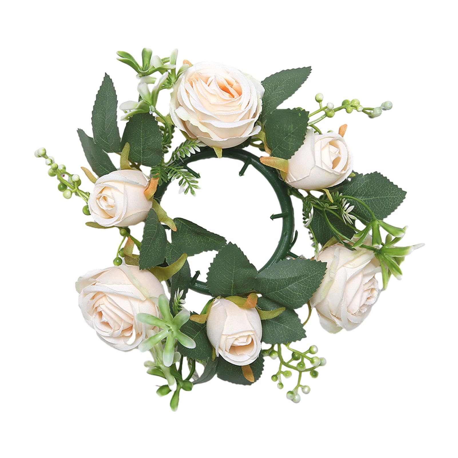 Quoravel Artificial Rose Candle Ring, Mini Faux Floral Wreath, Wedding Table Centerpiece Decor Champagne