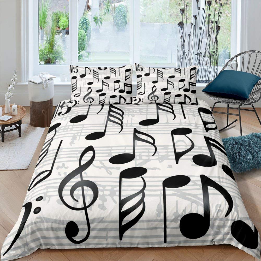 richhome Music Theme Black Duvet Cover Set-Girl's Single Notes Bedding,Chic Black White Comforter Cover For Kids,Soft Luxury Princess Style Bedspread,2pcs Quilt โ image 1