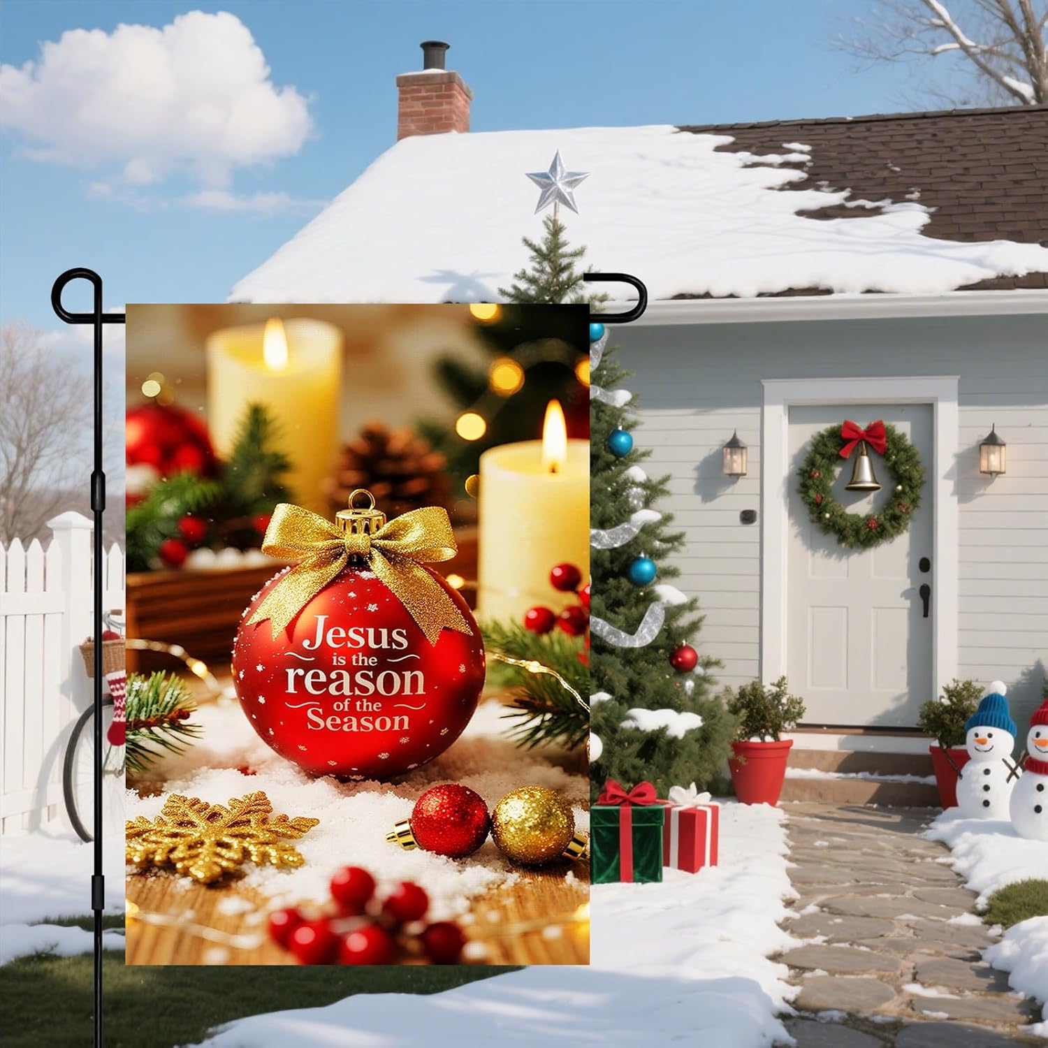 IVN Christmas Garden Flag 12x18 Inch Double Sided Jesus Is the Reason for the Season with Candles Red Ornaments and Holly Outdoor Yard Flag for Outside Home Front Door Lawn Porch Patio Welcome Decor - Image 6