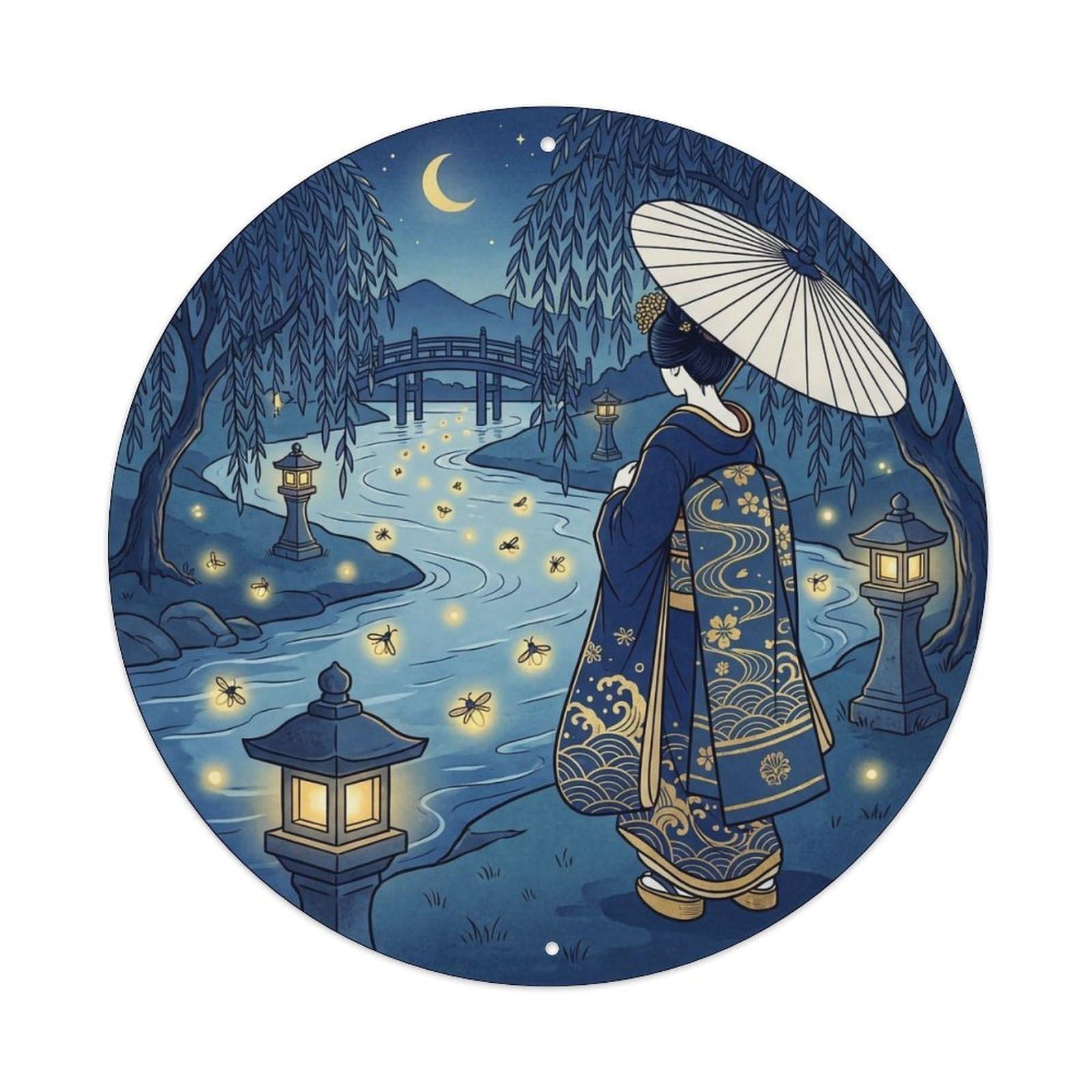 Yrnq 8X8inch Vintage Style Japanese Kimono Lady Firefly Night Magical Landscape Metal Tin Sign