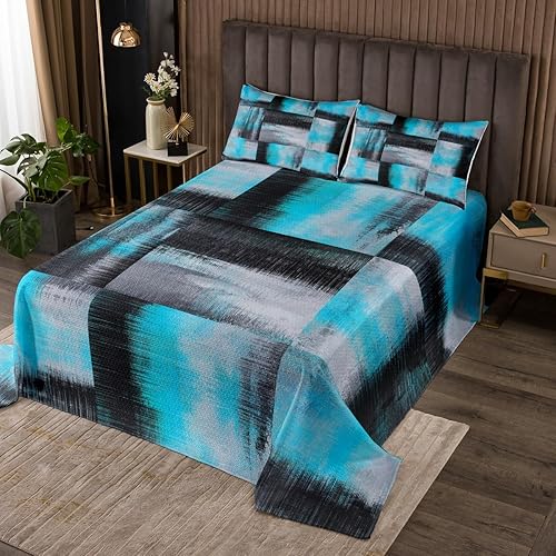 Juego de edredón azul negro y gris para niños y niños, juego de colcha geométrica de retazos a cuadros, juego de colcha King retro grunge graffiti