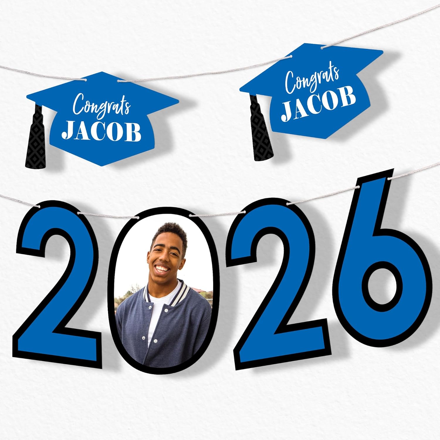 Big Dot of Happiness Blue 2026 Personalized Graduation Banner with Custom Photo & Name, Customized Class of 2026 Congrats Grad Party Decoration, DIY Letter Banner Garland