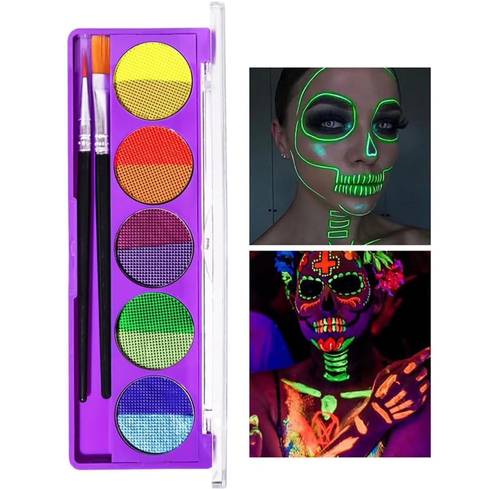 10 Colors Water Activated Eyeliner Palette, Safe Non-Toxic UV Glow Neon Face and Body Paint Makeup Palette for Halloween Makeup Parties Cosplay Use - Fluorescent Brightest Glow under UV! (#A)