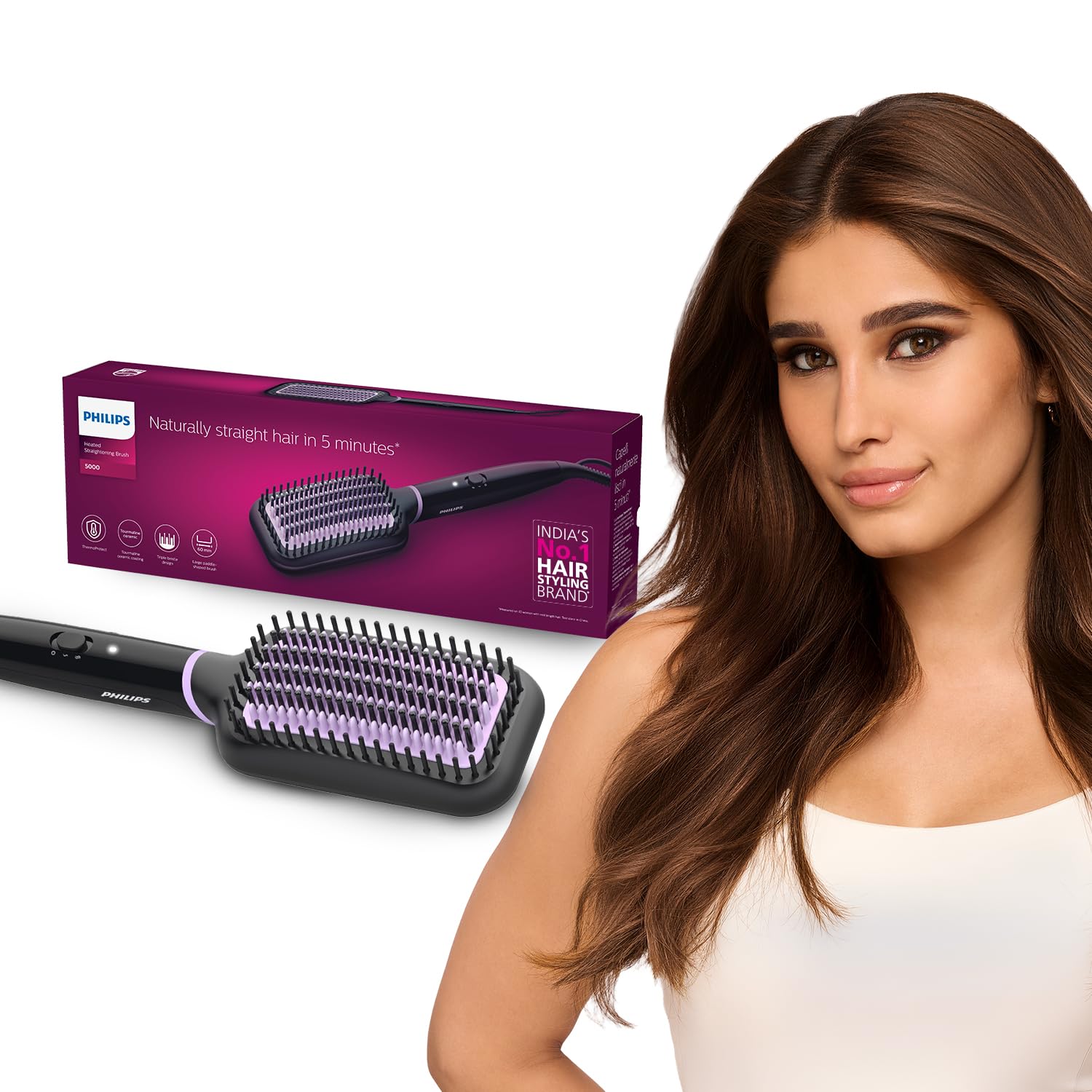 Philips India’s No.1 Hair Styling Brand -Hair Straightener Brush, Naturally Straight in 5 Mins,5X Less Frizz,SilkProtect Keratin Tech,Triple Bristle Fast 50s Heatup,Scalp Protect,For Indian Hair,BHH880