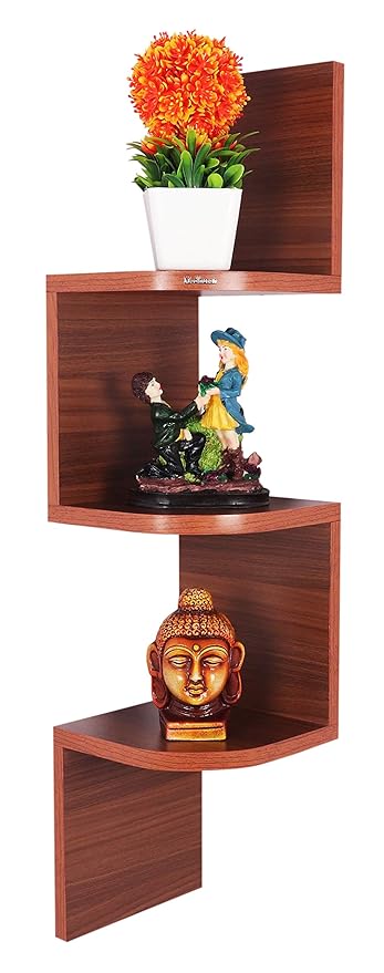 Madhuran Zigzag Engineered Wood Wall Mounted Decorative Corner Shelf Tier 3 (Matte,Teak) Storage Racks Office Organiser Bedroom Accessories Kichen Shelves Living Room Bathroom Kitchen