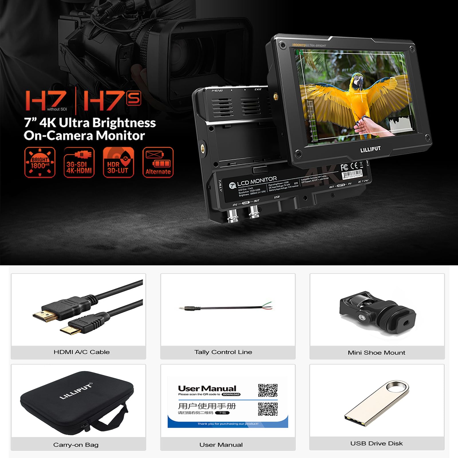 LILLIPUT H7S 7" Moniteur Camera 4K Ultra Luminosité sur Caméra Video Peaking Focus Assist avec 3G-SDI et HDMI 4K, Résolution Full HD, LCD Visible à la lumière du Soleil DSLR Monitor