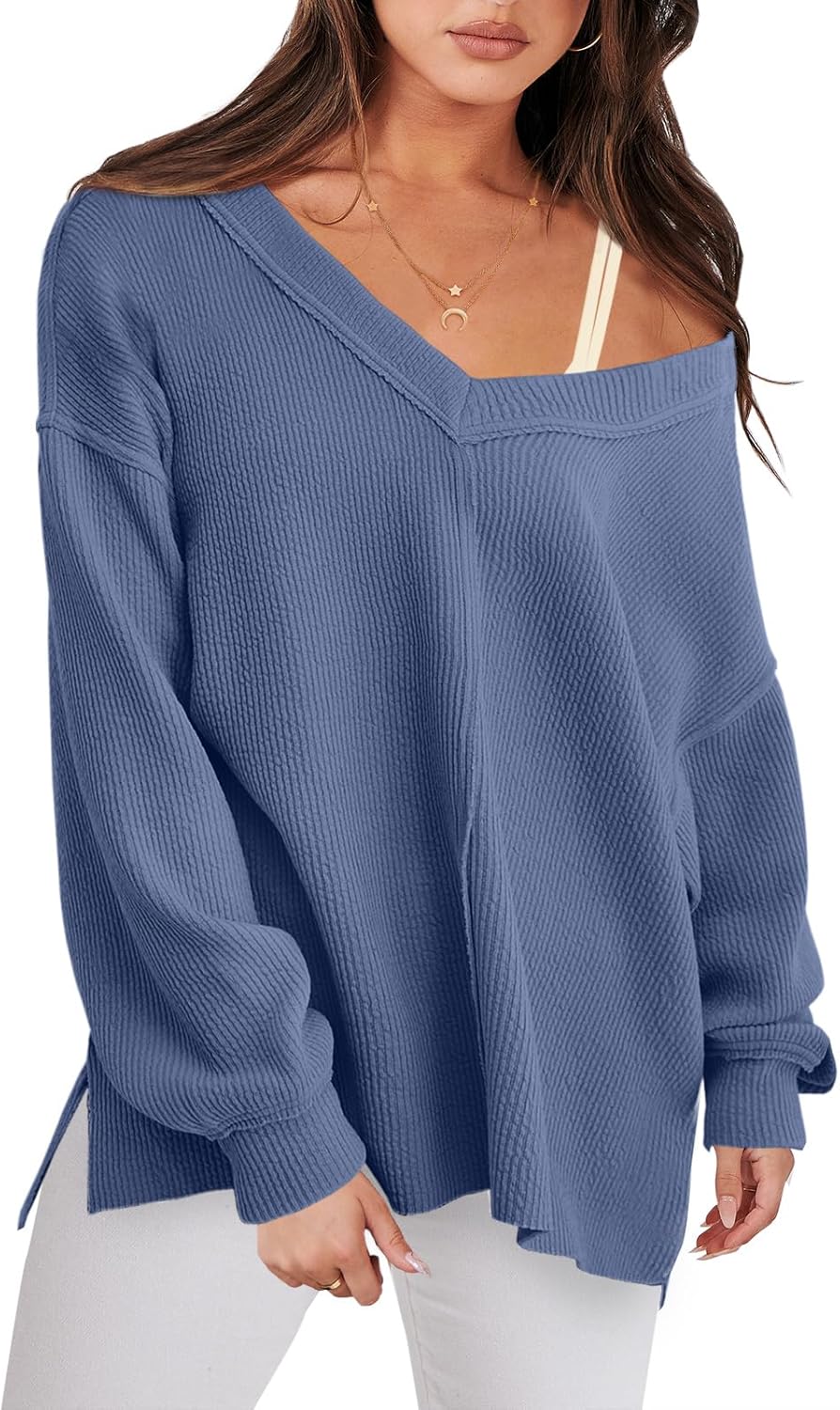 ANRABESS Oversized Long Sleeve Shirts for Women Off the Shoulder Sweatshirt Loose V Neck Tunic Tops High Low Sweater 2025