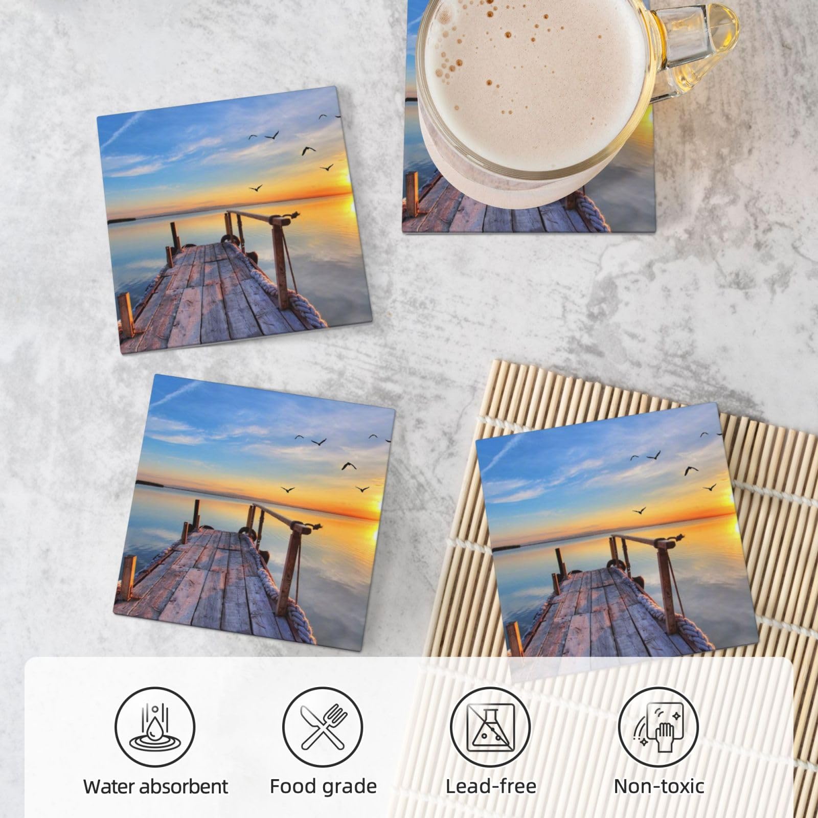 Lot de 4 dessous de verre en céramique Motif lac sous le coucher du soleil