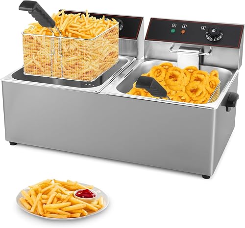WICHEMI Freidora comercial, capacidad 11L x 2 Freidora eléctrica de encimera de doble tanque con 2 cestas y tapas, para uso doméstico en