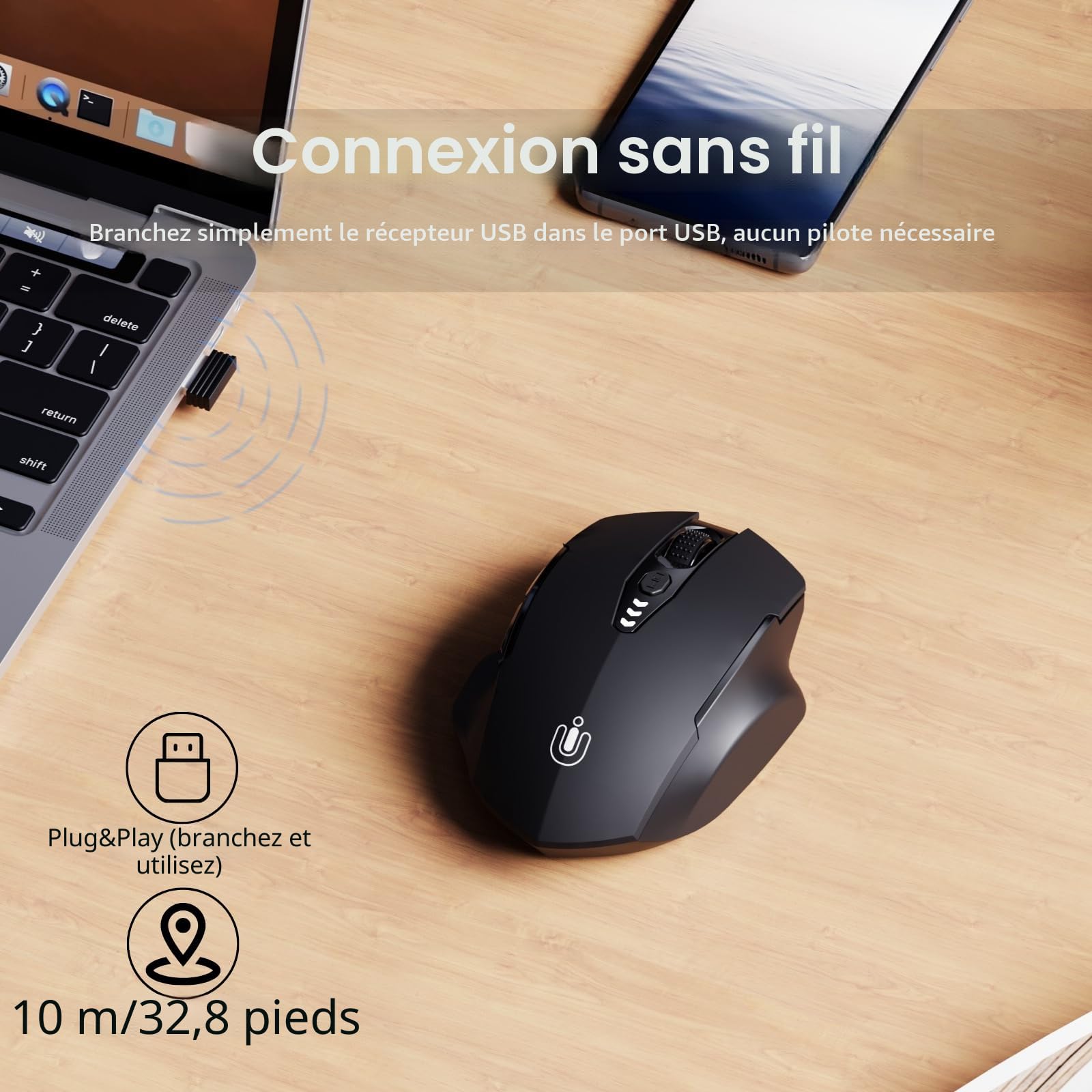 Uineer Souris sans Fil Rechargeable 2.4G USB, Ergonomique, 4 Niveaux DPI réglables, Indicateur de Batterie