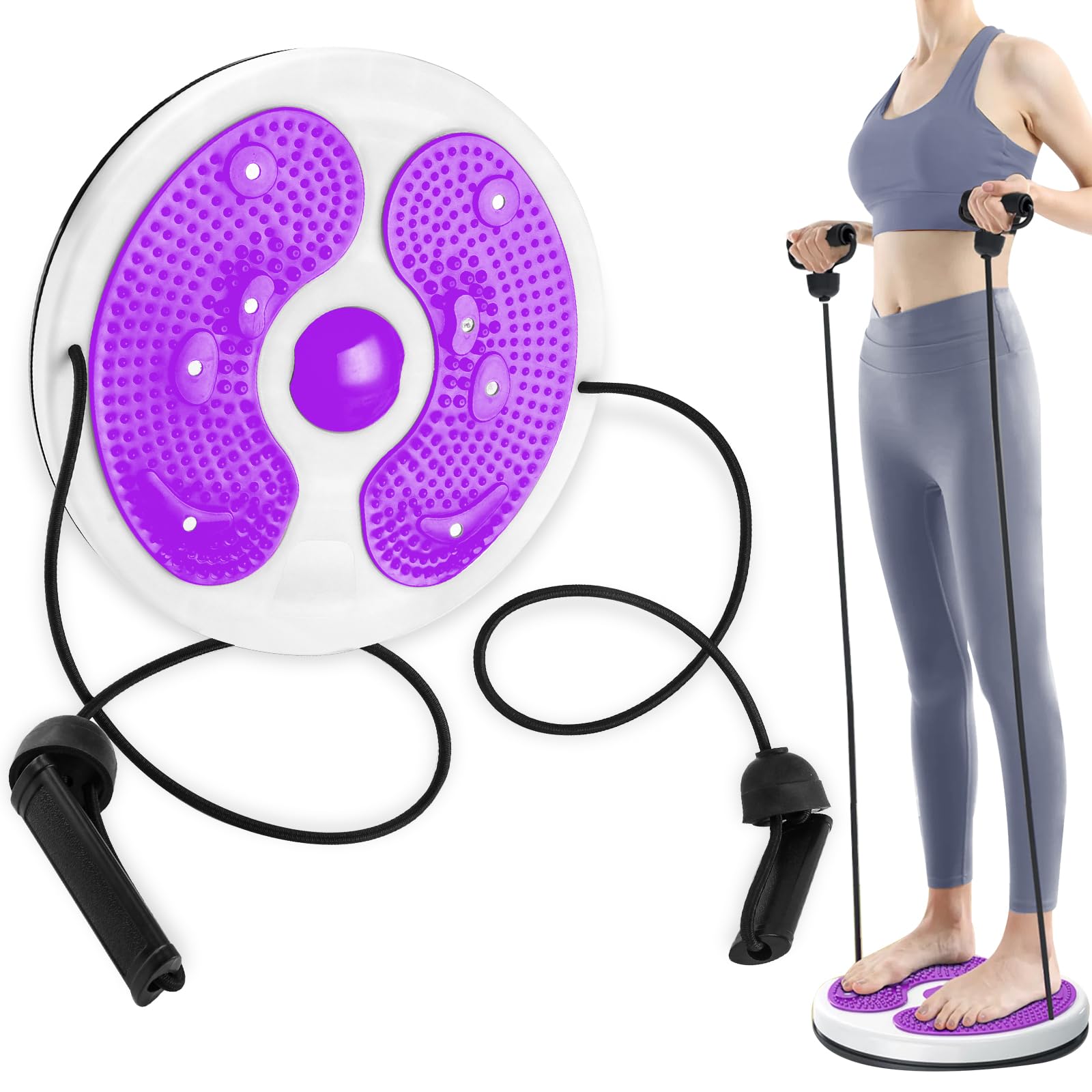 Waist Twisting Disc, Waist Twisting Board, 27cm, Twist Waist Disc Balance Board with Drawstring, for Home Workout, Waist Wriggling Plate with Resistance Bands and Foot Massage(Purple)