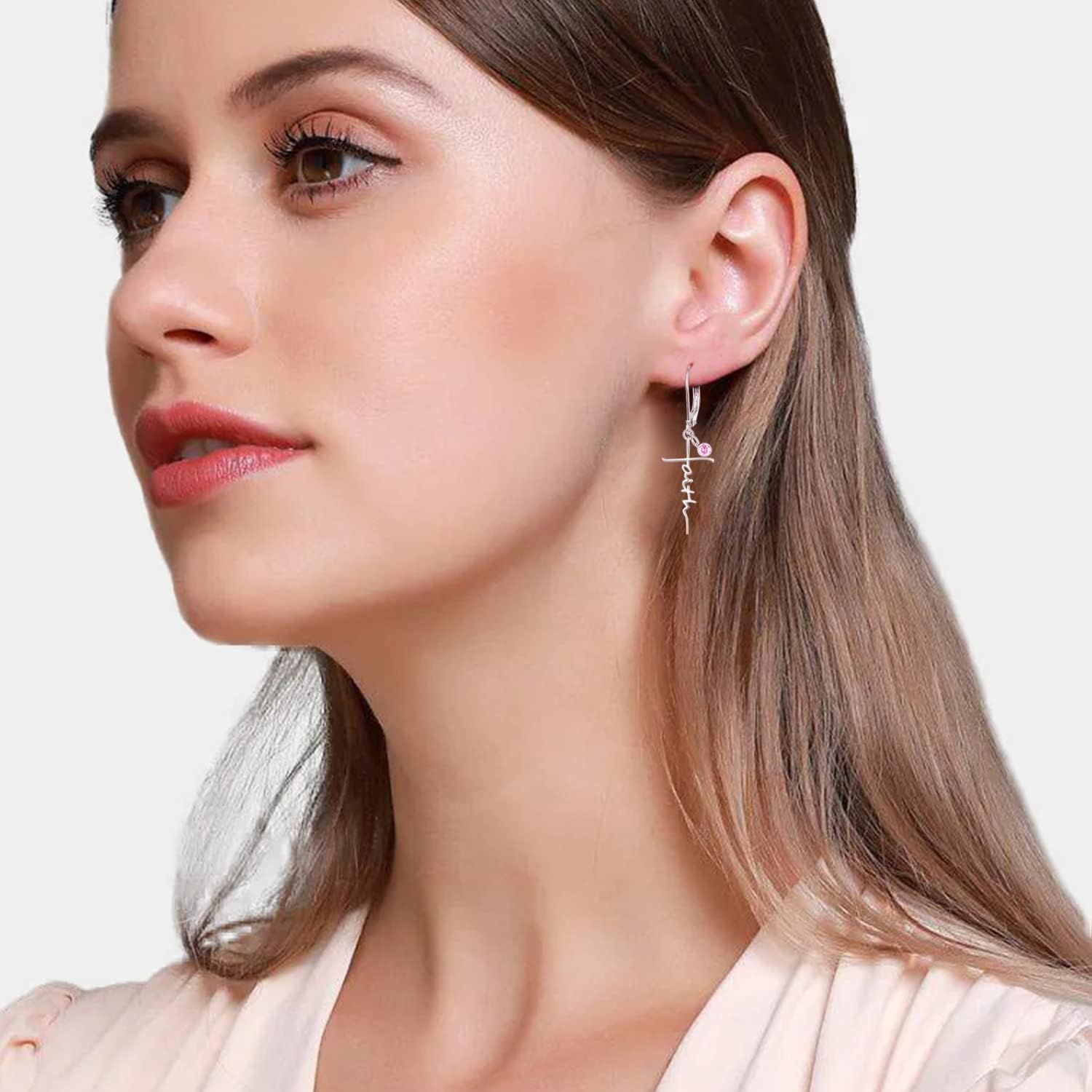PRAYMOS Faith Cross Earrings for Women Dangle 925 Sterling Silver Hypoallergenic Birhstone Earrings Christian Religious Confirmation Baptism Gifts