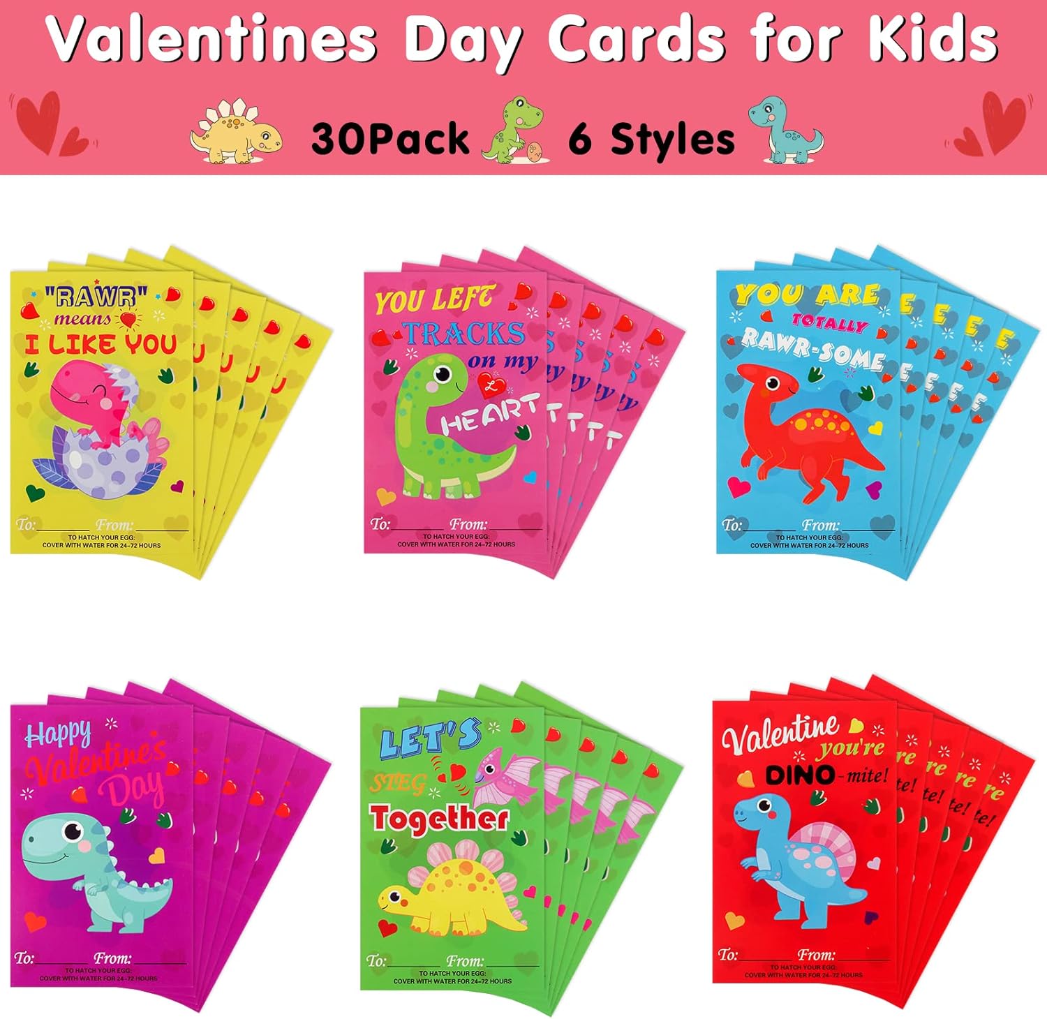 ANPHILE Valentines Dinosaur Pary Favors, 30 Pack Valentines Cards with Dinosaur Eggs Hatching Bulk, Valentines Day Gifts for Kids Students Classroom Class Exchange Gifts