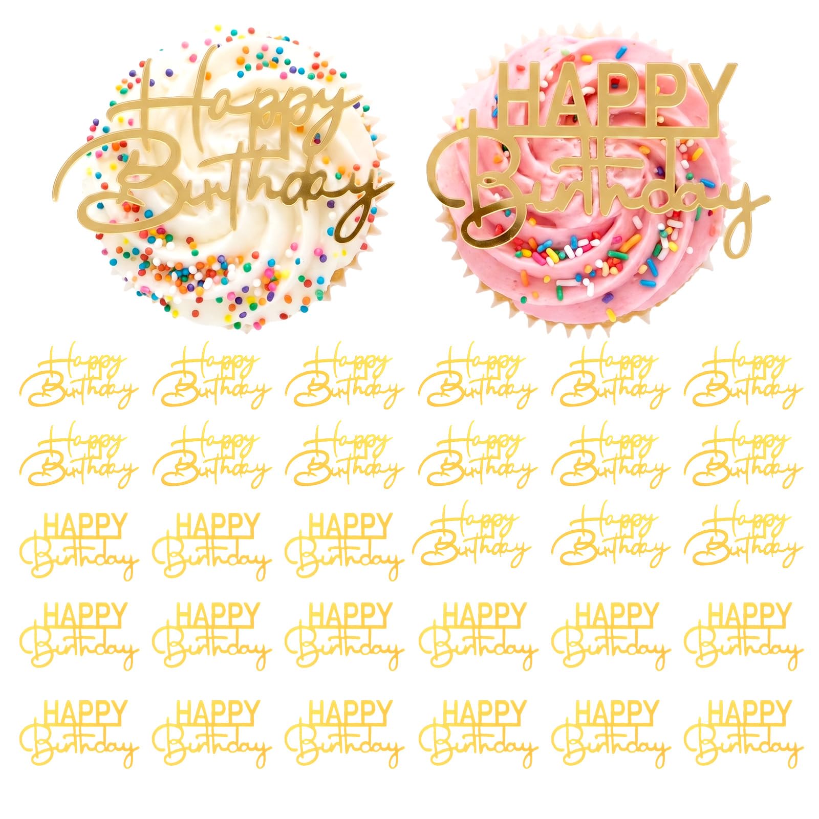 SULIKJHUI 30 Pcs Gold Mirror Acrylic Cake Toppers, Cupcake Decorations for Birthday Party Anniversary Cake Sign Supplies (27 x 14 x 1.9 cm)