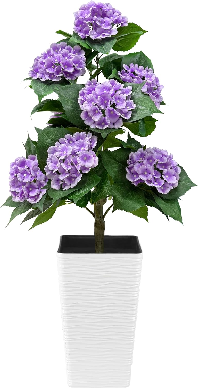 46 Inch Artificial Purple Hydrangea Tree, Fake Hydrangea Flower Tree with Planter, Decorative Topiary Plant, Cement Filled Potted Faux Plants for Porch Home Office Living Room Decor (Purple)