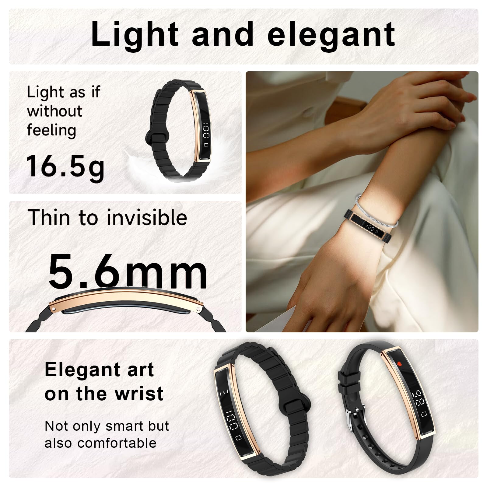Efolen Smart Bracelet for Women,Ultralight Fitness Tracker Smart Wristband with Heart Rate/Blood Oxygen/Sleep Monitor/Pedometer,Slim Smartwatch for Android iPhone,Activity Tracker,2 Band,Gold+Black