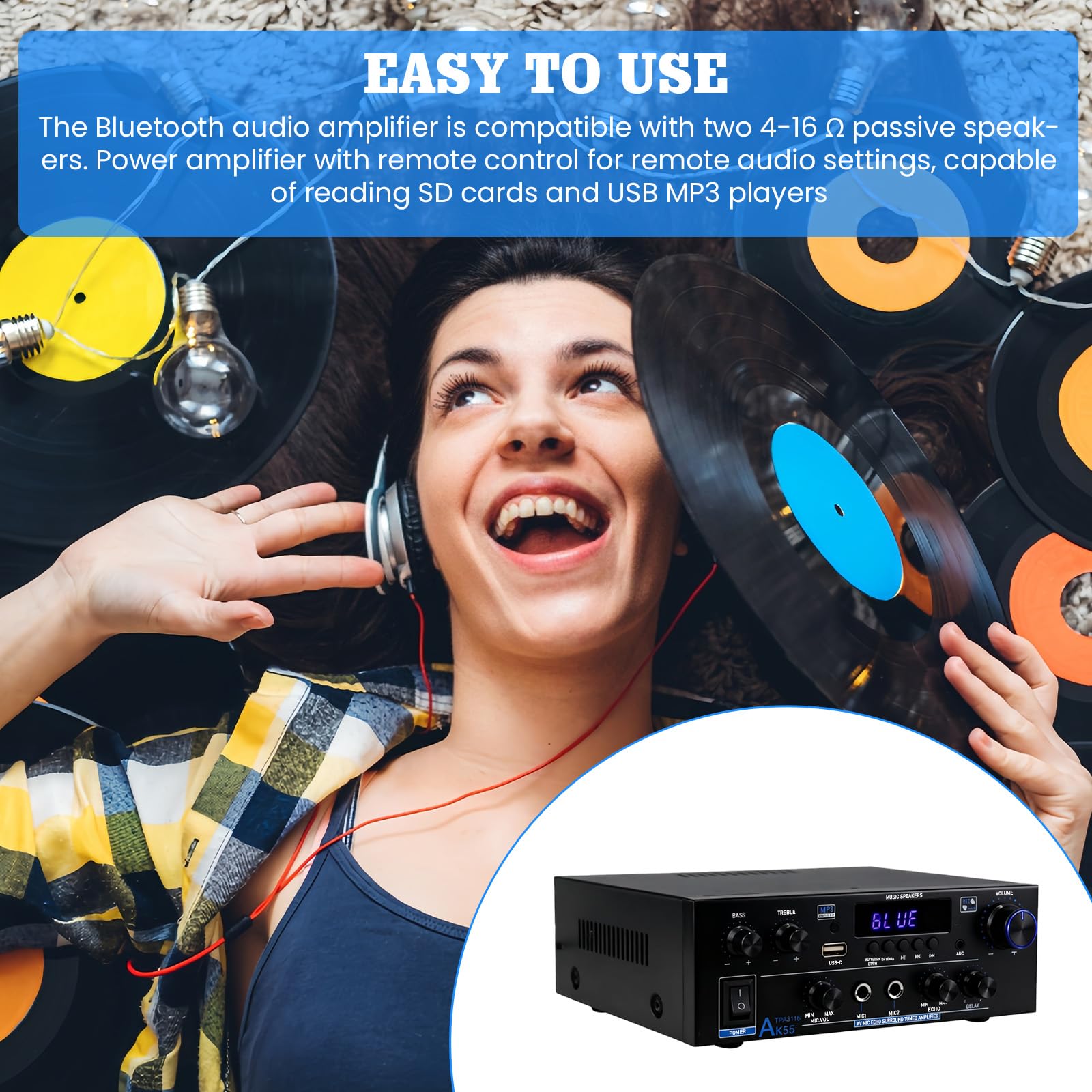 AK55 Amplificateur HiFi Mini Bluetooth 5.0 Amplificateur stéréo 2.0 canaux 70 W x 2 Amplificateur audio Amplificateur numérique avec radio FM, télécommande, Opt/AUX/RCA/USB/MIC/BT