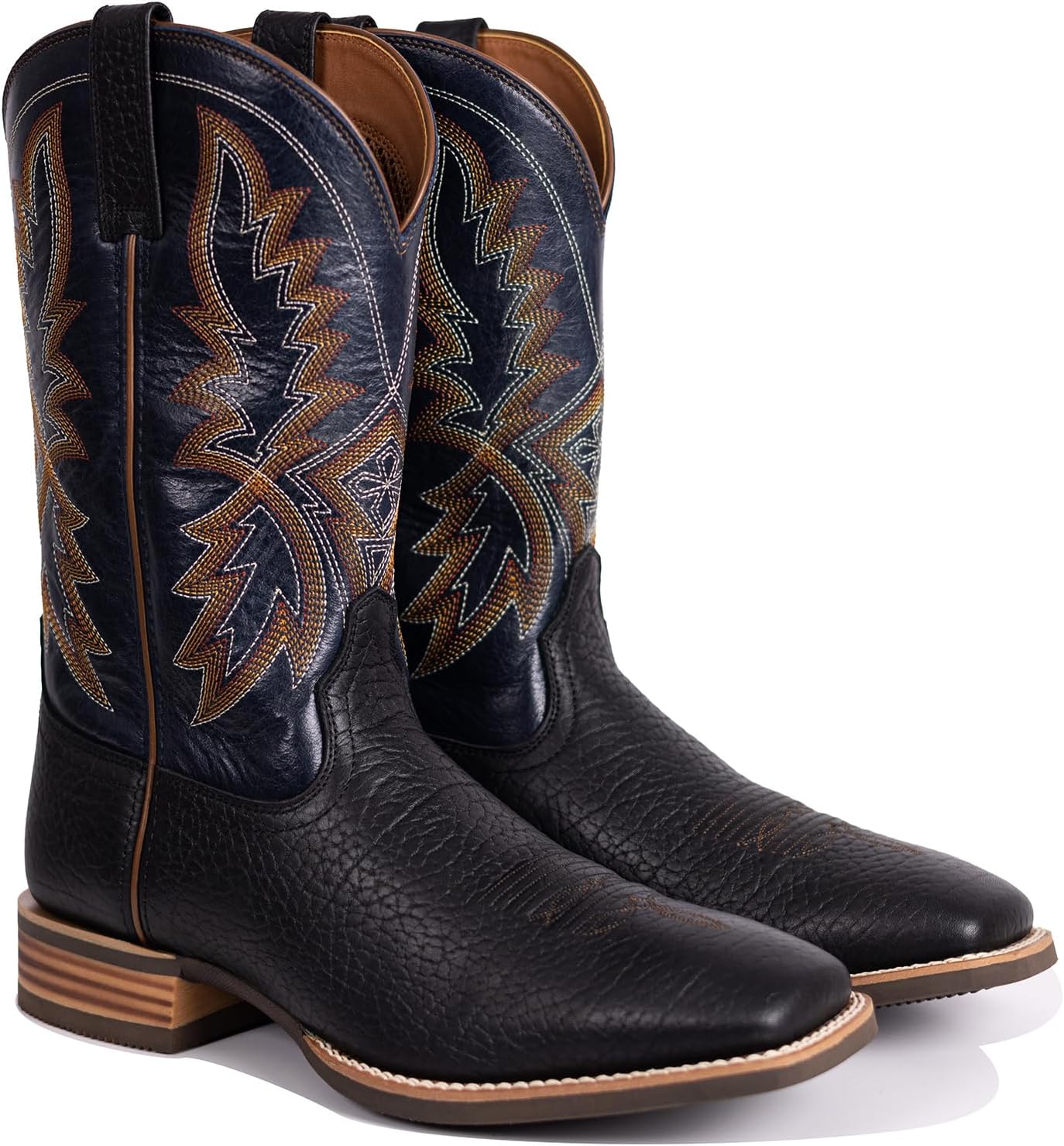 Palitutu Cowboy Boots For Men Full Cowhide Leather Western Retro Boot with Wide Square Toe Durable Classic Embroidered Pull On Slip Resistant Boot