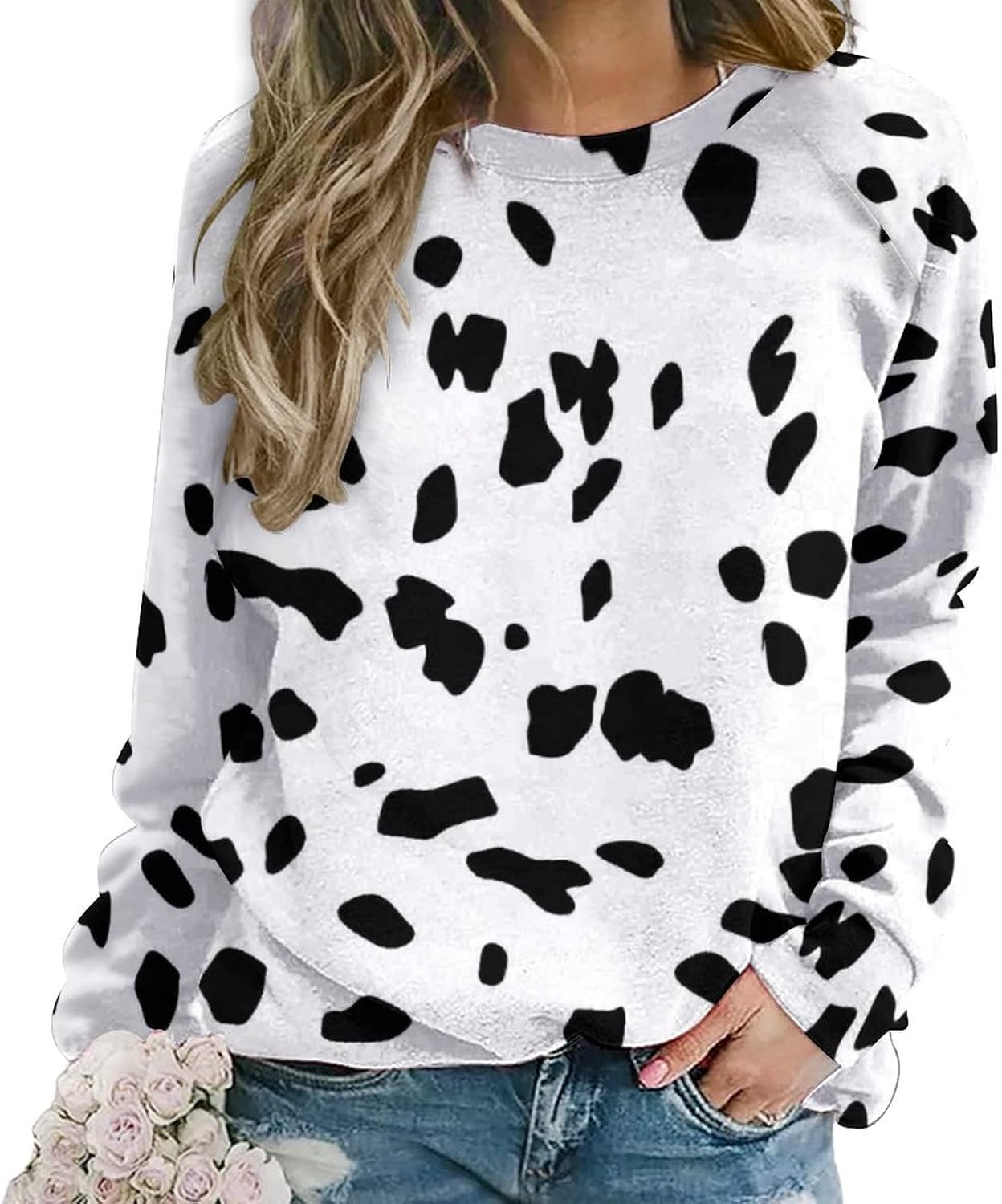 Dalmatian Dog Print Women's Casual Pullover Raglan Round Neck Long Sleeve Sweatshirts T-Shirt