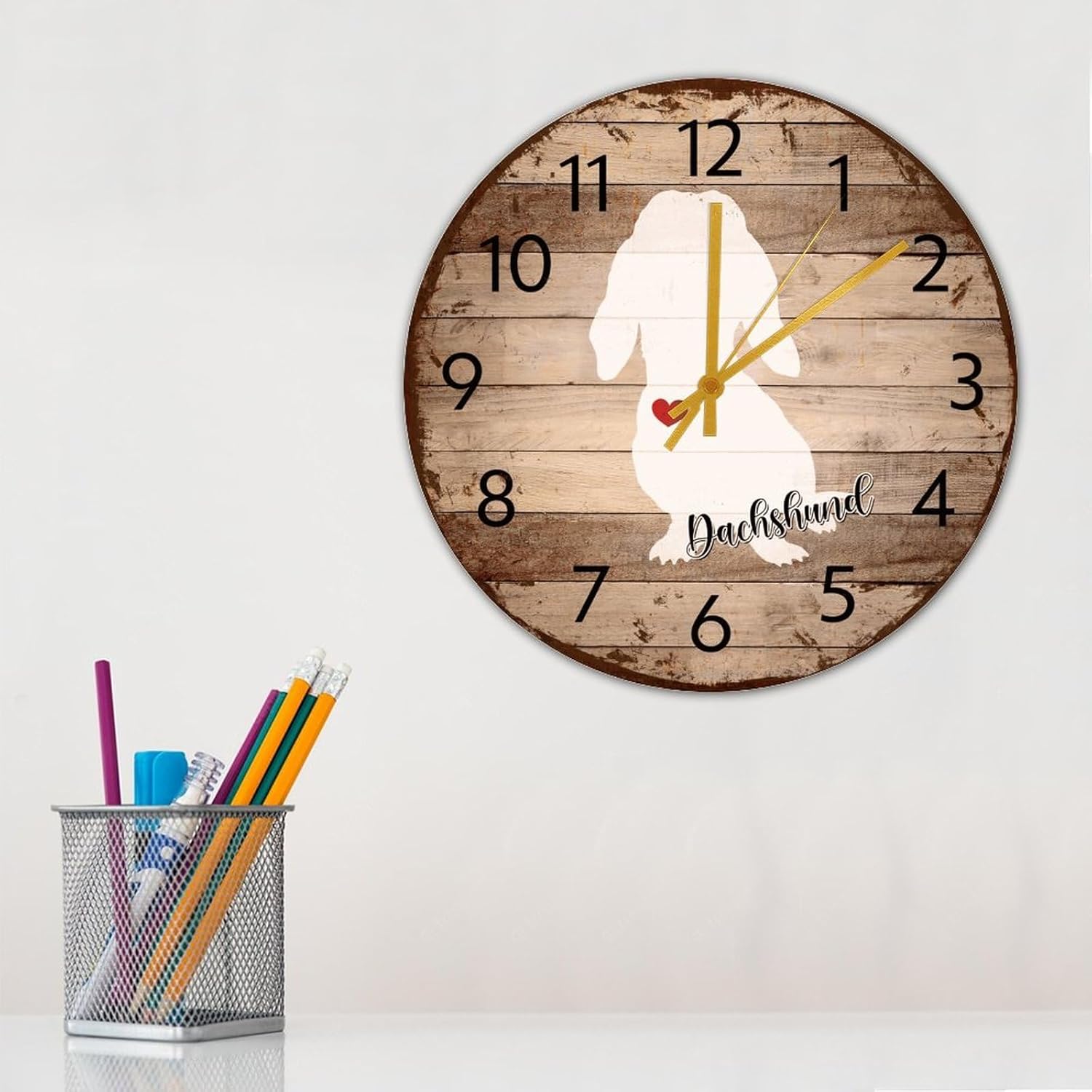 15 Inch Silent Non-Ticking Wall Clocks Battery Operated Dachshund Wall Decor for Classroom Dog Breed New Puppy Decorative Round Wooden Wall Clock Vintage for Gym Entryway