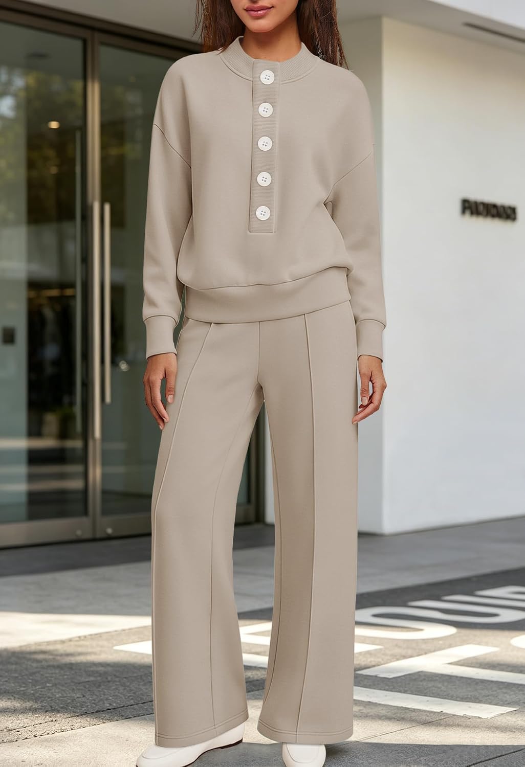Womens Sweatsuits 2 Piece Set | Matching Lounge Set, Airport Travel Outfit, Quarter Button Long Sleeve Sweatshirt, Wide Leg Pants with Pockets, Tracksuit