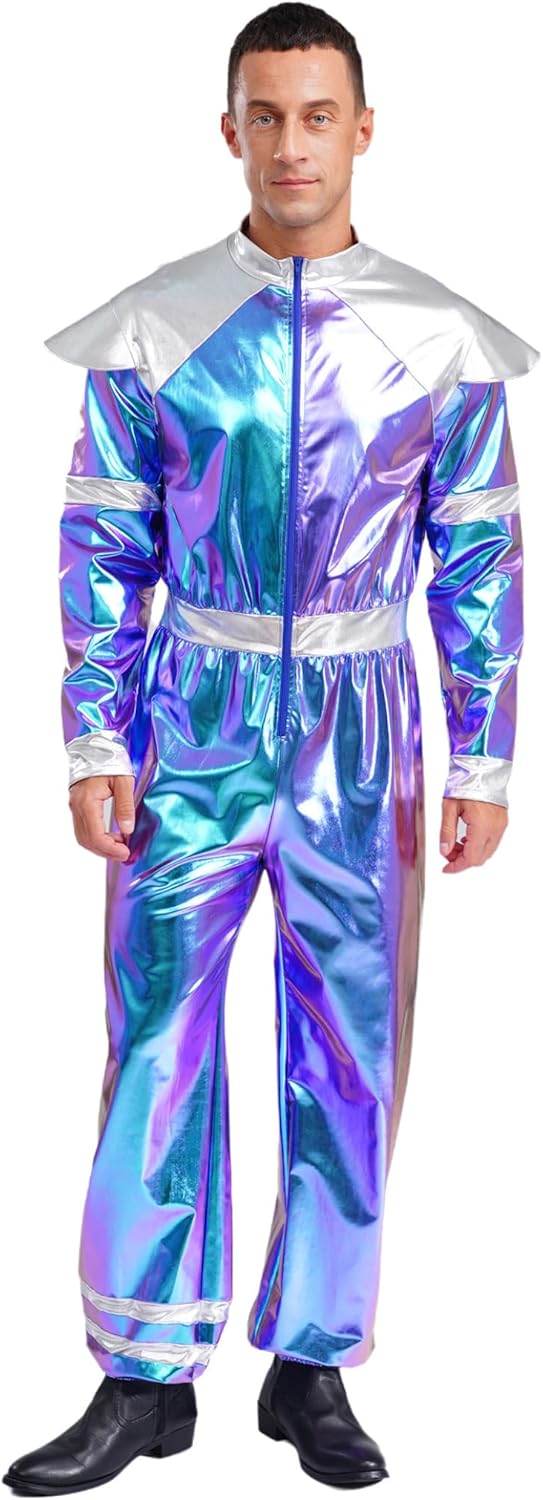 Hedmy Men's Shiny Metallic Robot Astronaut Costume Long Sleeves Jumpsuit Leotard Space Alien Bodysuit