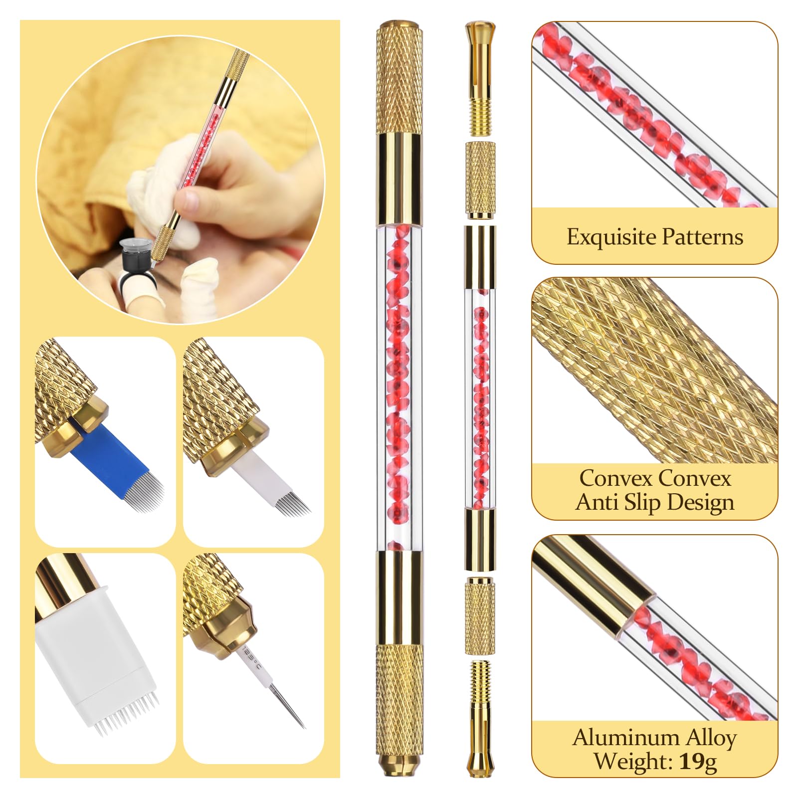 ATOMUS Kit de microblading dorado completo semipermanente, herramienta para tatuaje profesional, 2 unidades, bolígrafo manual de cejas 18U 3RL, suministros de tatuaje