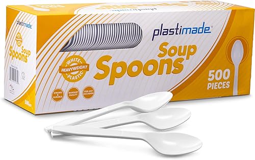 500 cucharas de plástico extra resistentes, cuchara de sopa blanca desechable, cubiertos pesados a granel para cenas, eventos, catering, fiestas y