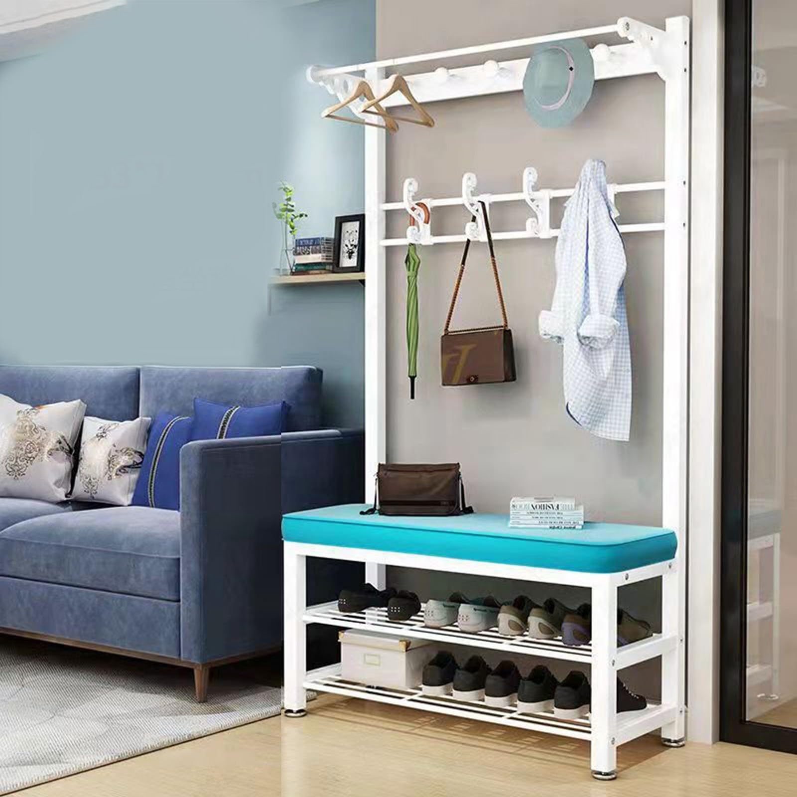 MYUYEE Large Coat Rack With Shoe Rack, Clothes Rack With Metal Frame And Hooks, Coat Rack With Double Hooks And Bench, For Cloakrooms, Bedrooms, Hallways B, 100 * 33 * 172Cm(E-100 * 33 * 172Cm)