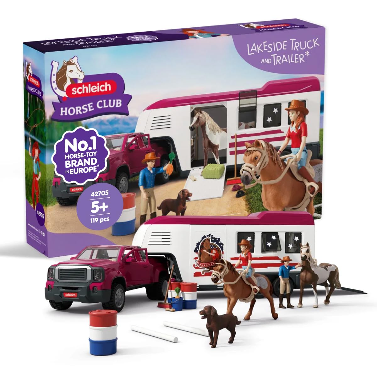 Schleich Horse Club - 119 PC Lakeside Truck and Trailer Playset With 2 Horse Figurines, 2 Poseable Rider Figures and Accessories - Interactive Play