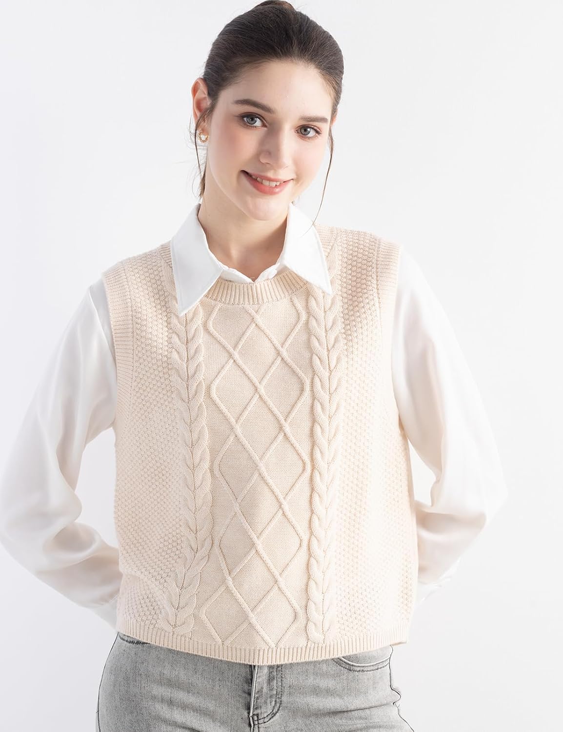 Women's Merino Wool Blend Sweater Vest 2025 Fall Winter Casual Crew Neck Cable Sleeveless Knit Pullover Sweater - Image 5